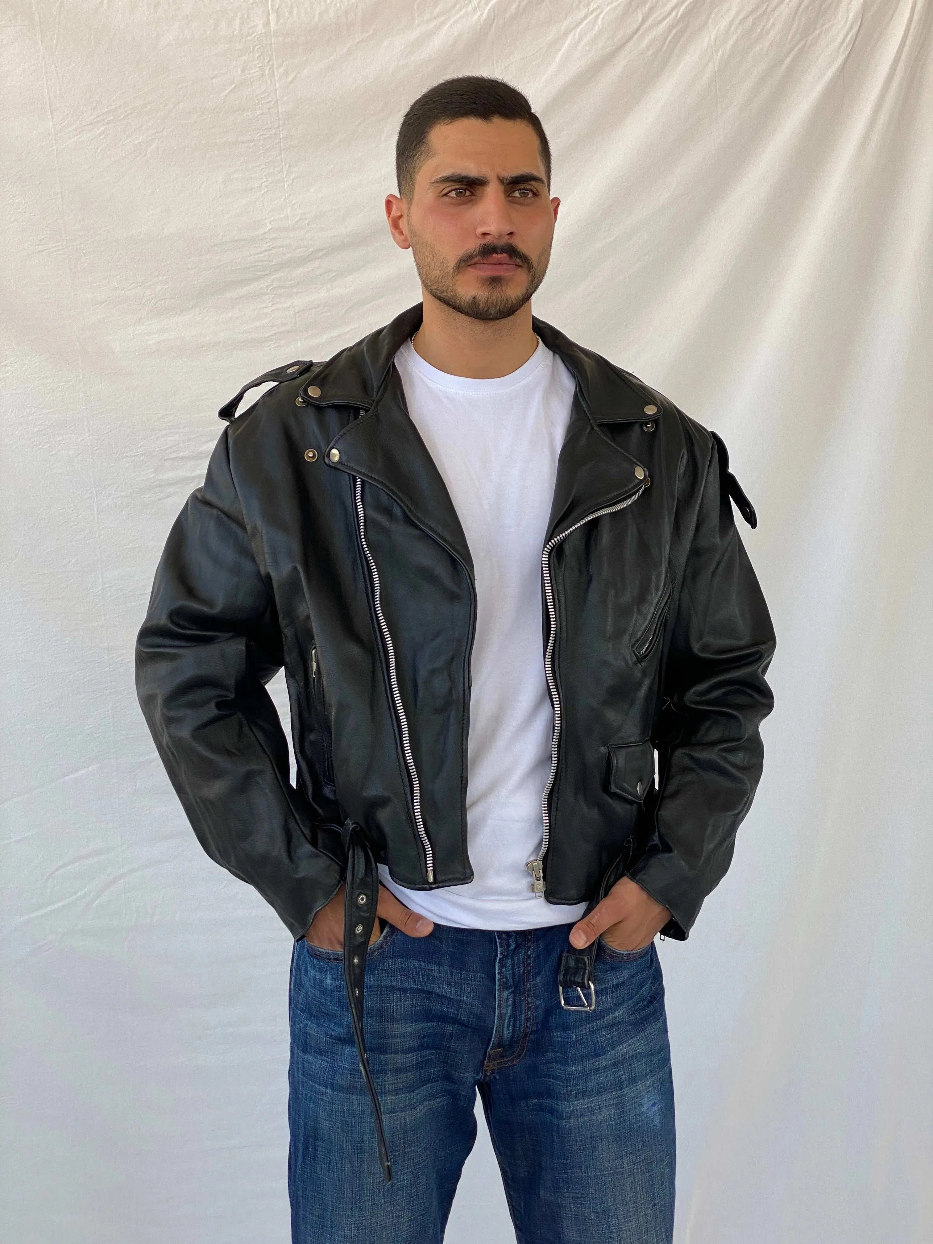 Vintage Heavy Black Genuine Leather Men’s Biker Jacket - L - Balagan Vintage Leather Jacket 90s, genuine leather, genuine leather jacket, leather jacket, Ramez