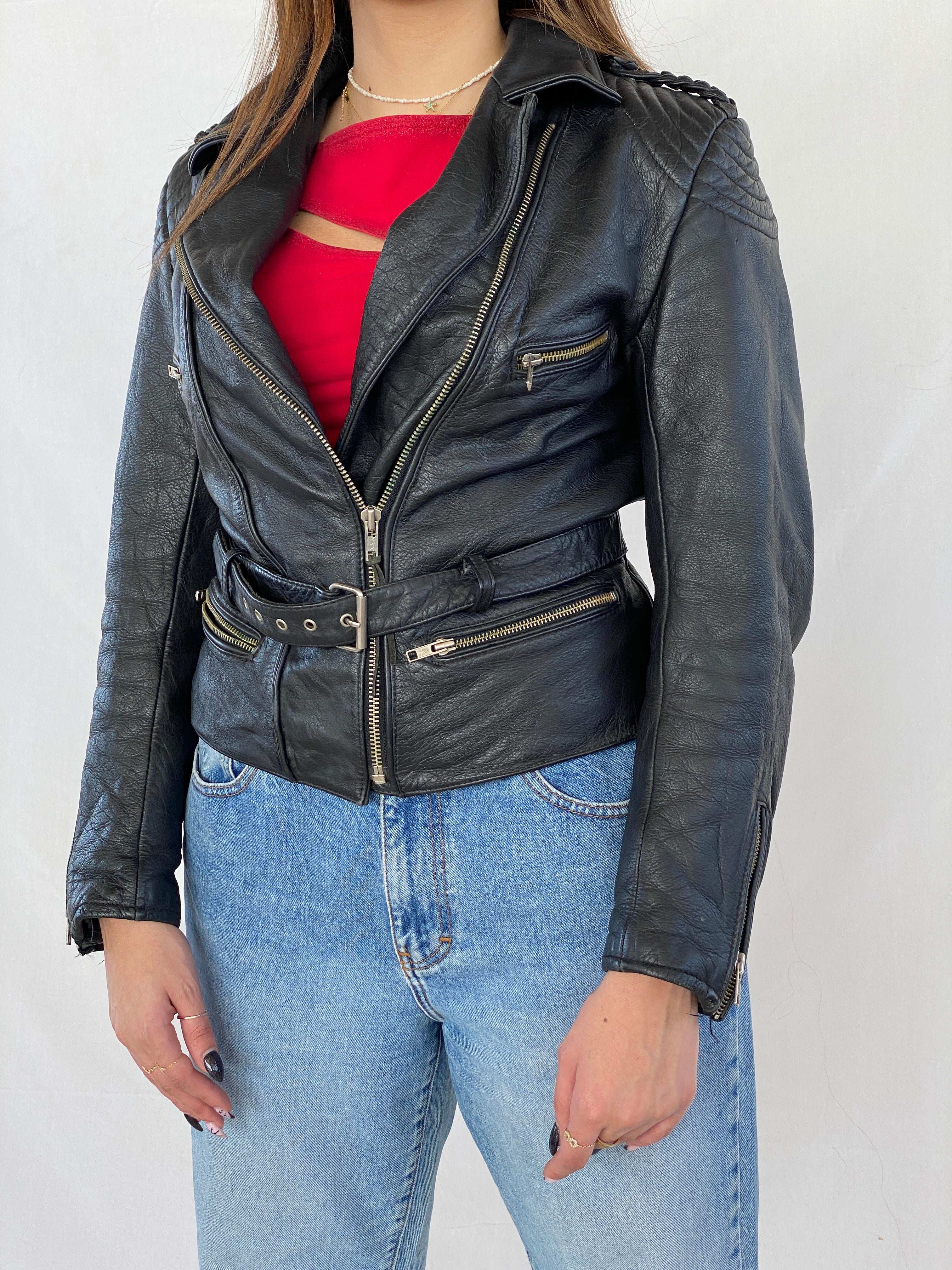 Vintage Heavy Genuine Leather Bikers Jacket - Balagan Vintage Leather Jacket 90s, black leather, Coats&Jackets, genuine leather, genuine leather jacket, Juana, Women's Leather Jackets