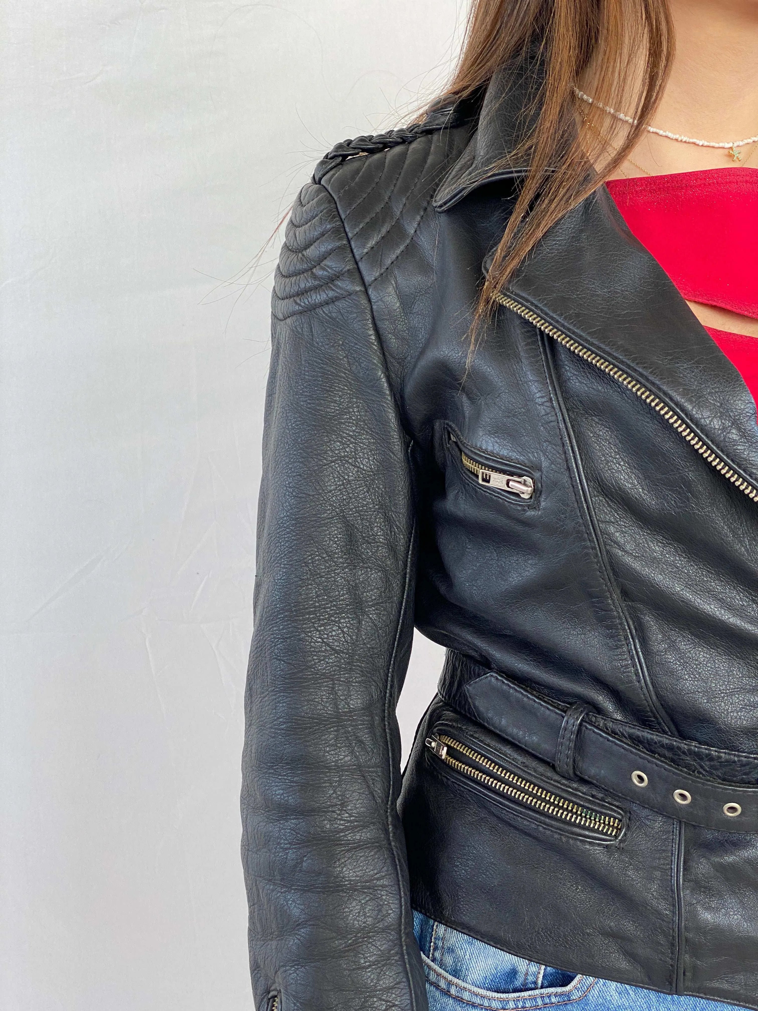 Vintage Heavy Genuine Leather Bikers Jacket - Balagan Vintage Leather Jacket 90s, black leather, Coats&Jackets, genuine leather, genuine leather jacket, Juana, Women's Leather Jackets