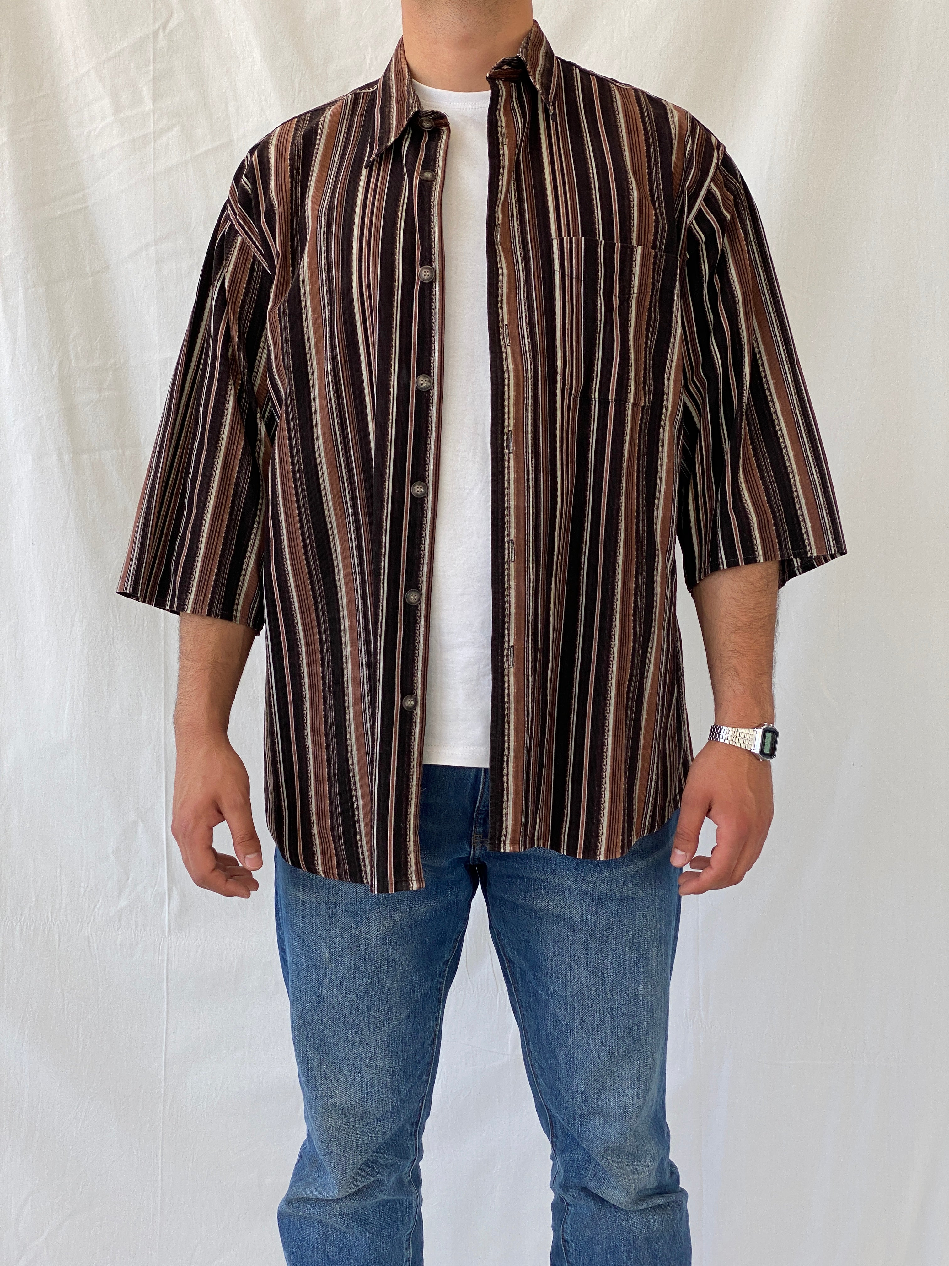 Vintage Him Collection Brown Striped Cotton Oversized Fit Corduroy Button Down Men’s Shirt - XL - Balagan Vintage Half Sleeve Shirt 90s, half sleeve shirt, mens shirt, printed shirt, Ramez, silk, striped shirt