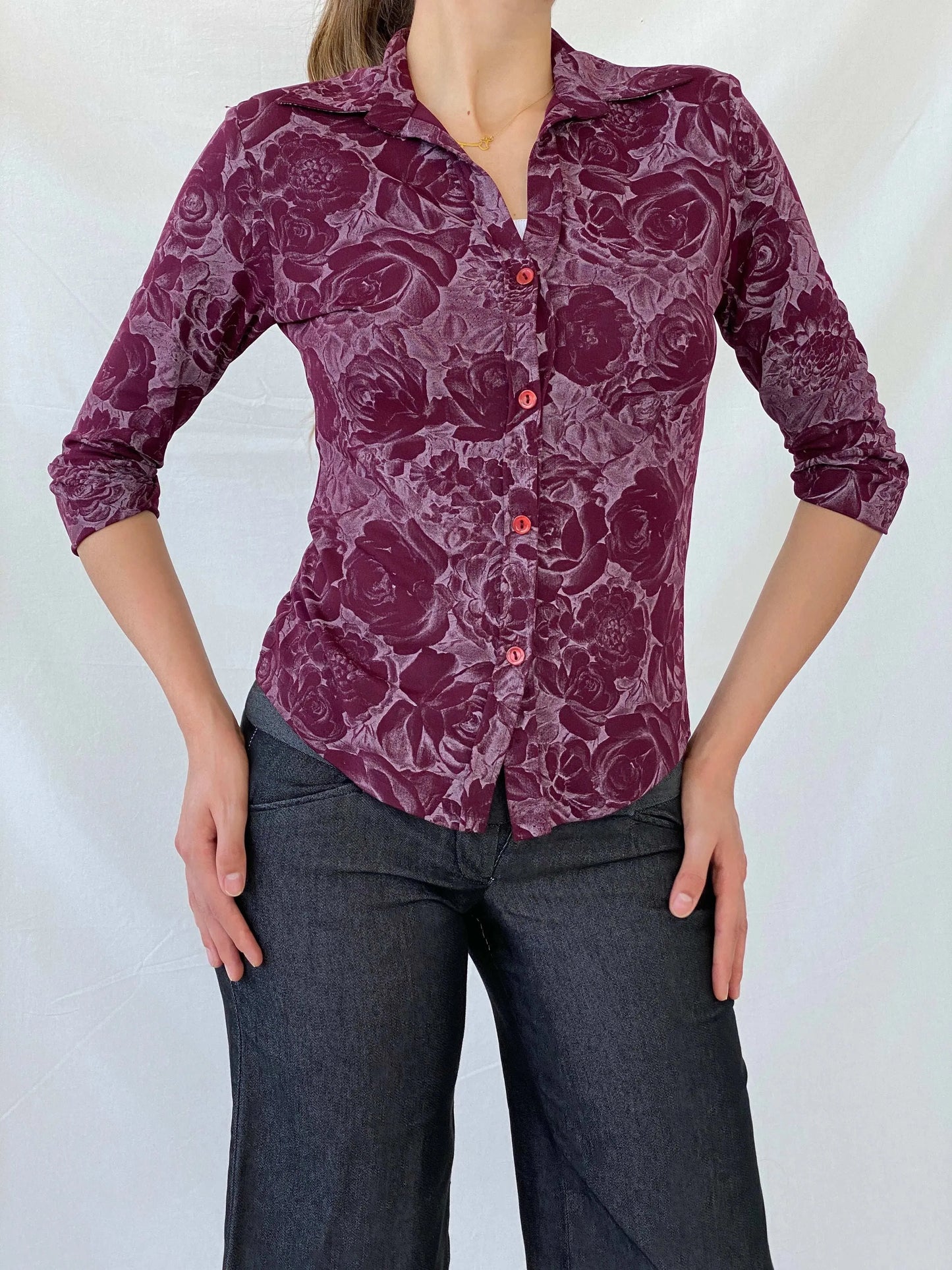 Vintage Ici & Maintenant Sport Floral Women’s Purple Button Up Shirt - M - Balagan Vintage Full Sleeve Shirt 90s, full sleeve shirt, Mira, Office core, winter