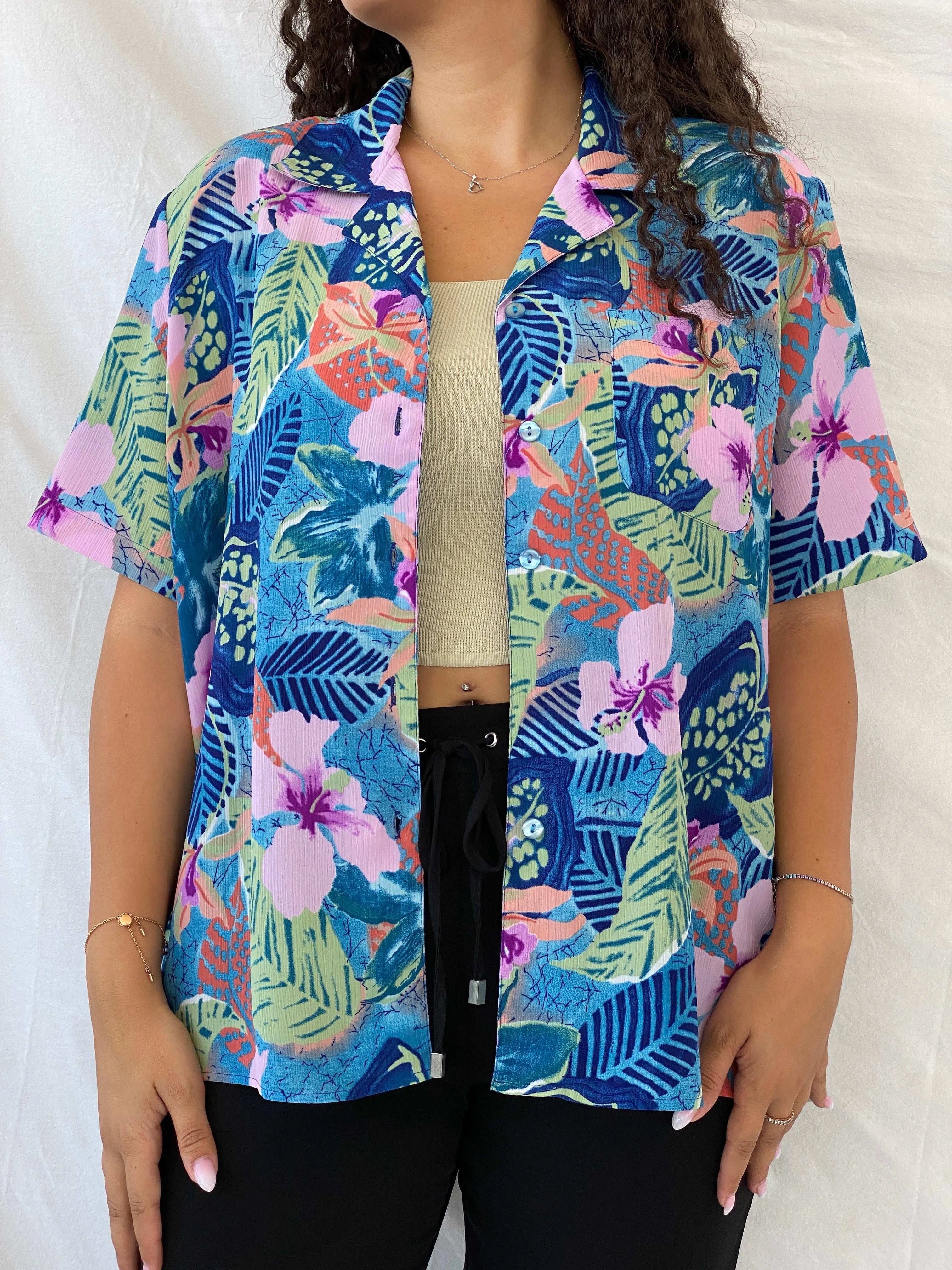 Vintage IMAGE Colorful Blue and Pink Tropical Floral Button Shirt - XL - Balagan Vintage Half Sleeve Shirt 00s, 90s, Dina, floral shirt, half sleeve shirt, Hawaiian shirt, oversized, oversized shirt, print, printed shirt