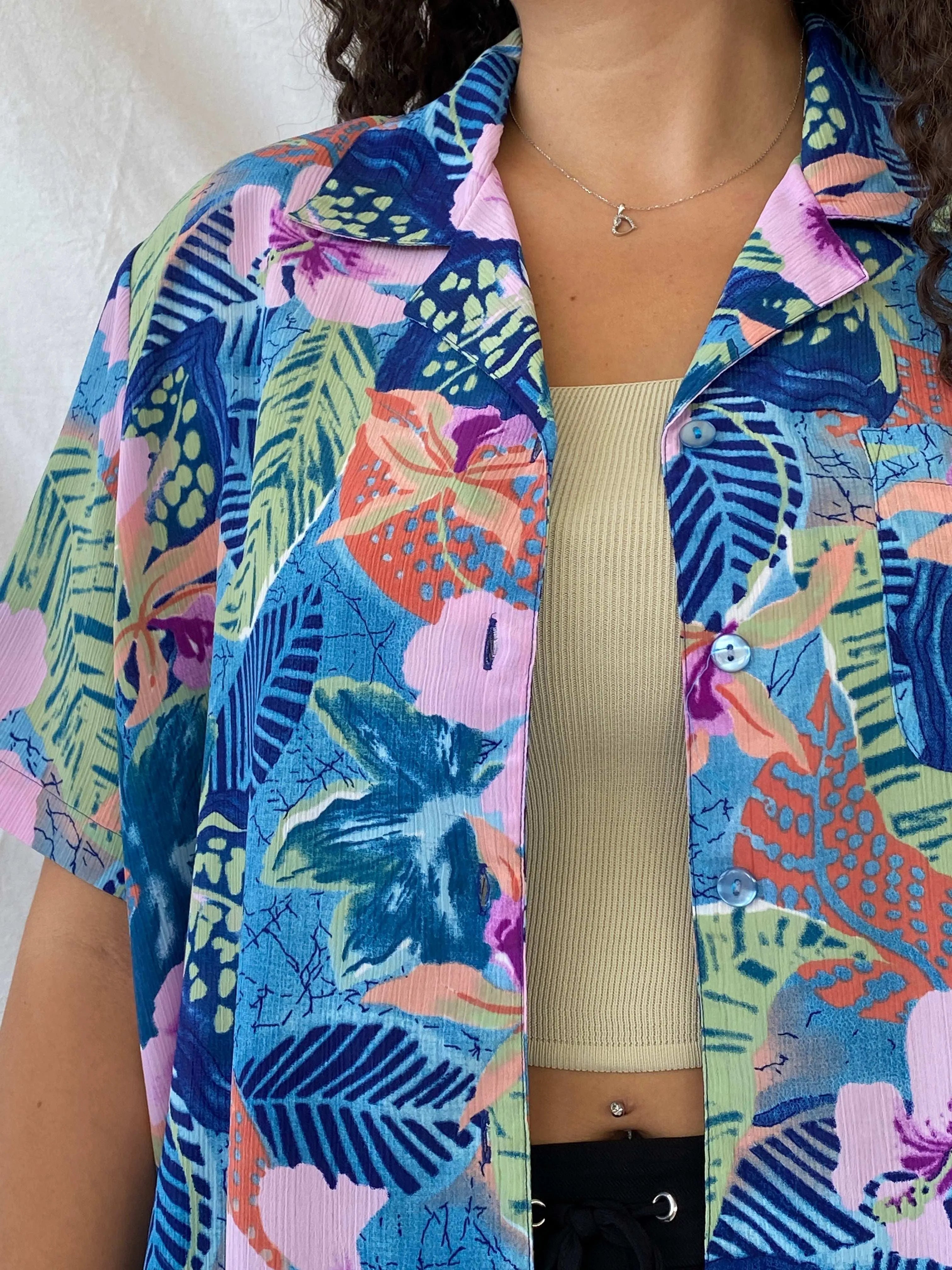 Vintage IMAGE Colorful Blue and Pink Tropical Floral Button Shirt - XL - Balagan Vintage Half Sleeve Shirt 00s, 90s, Dina, floral shirt, half sleeve shirt, Hawaiian shirt, oversized, oversized shirt, print, printed shirt