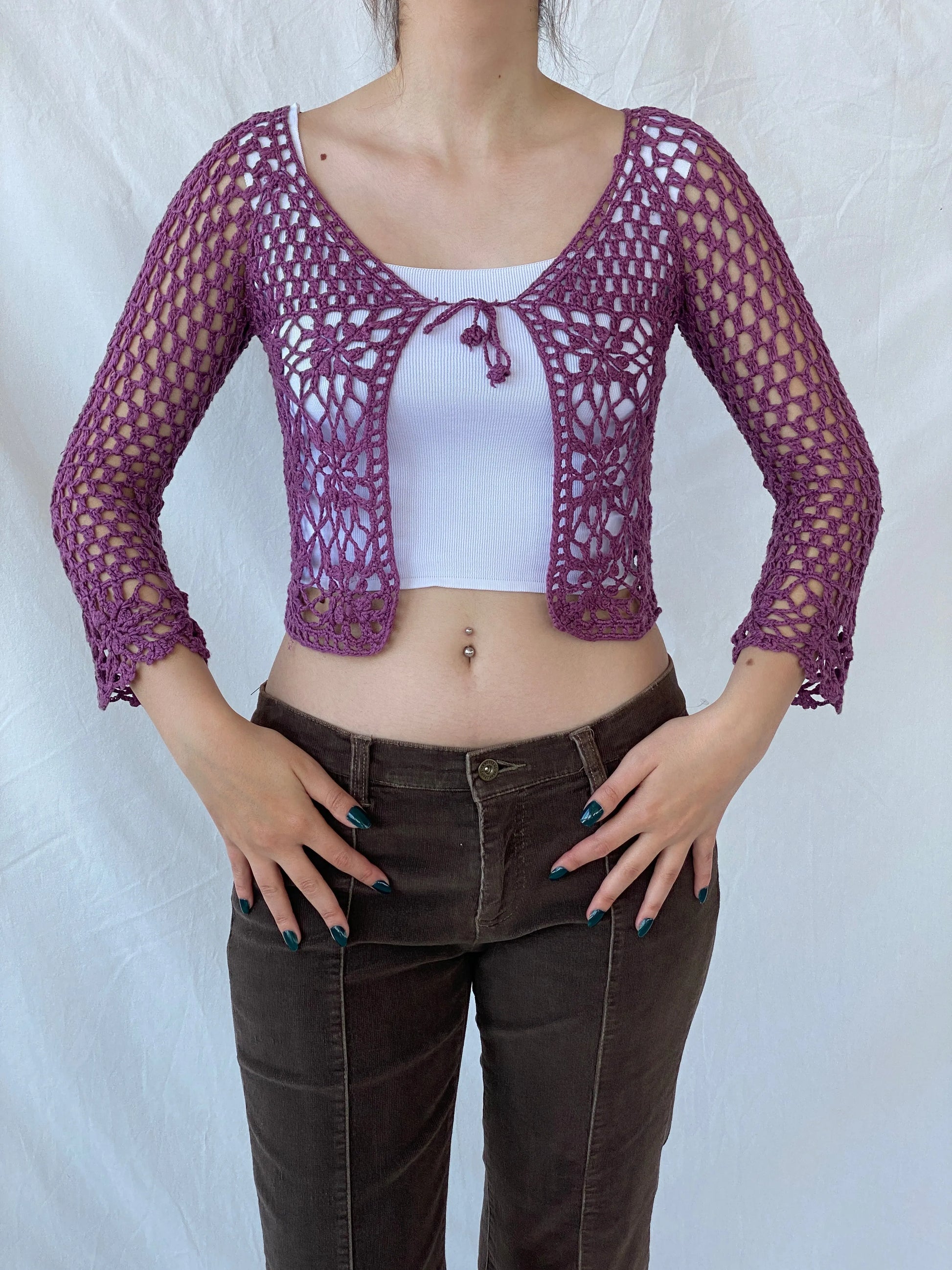 Vintage In Fashion Purple Crochet Cropped Women’s Cardigan - S - Balagan Vintage Cardigan 00s, Ayah, cardigan, consignment, crochet, Tasnim, women top