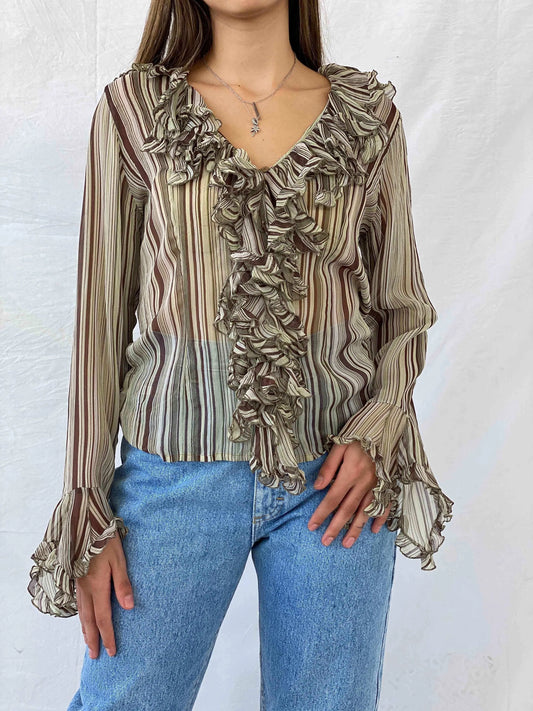 Vintage infinitif Ruffle Neckline Striped Top - Balagan Vintage Full Sleeve Top 00s, 90s, Deals, full sleeve top, Mira