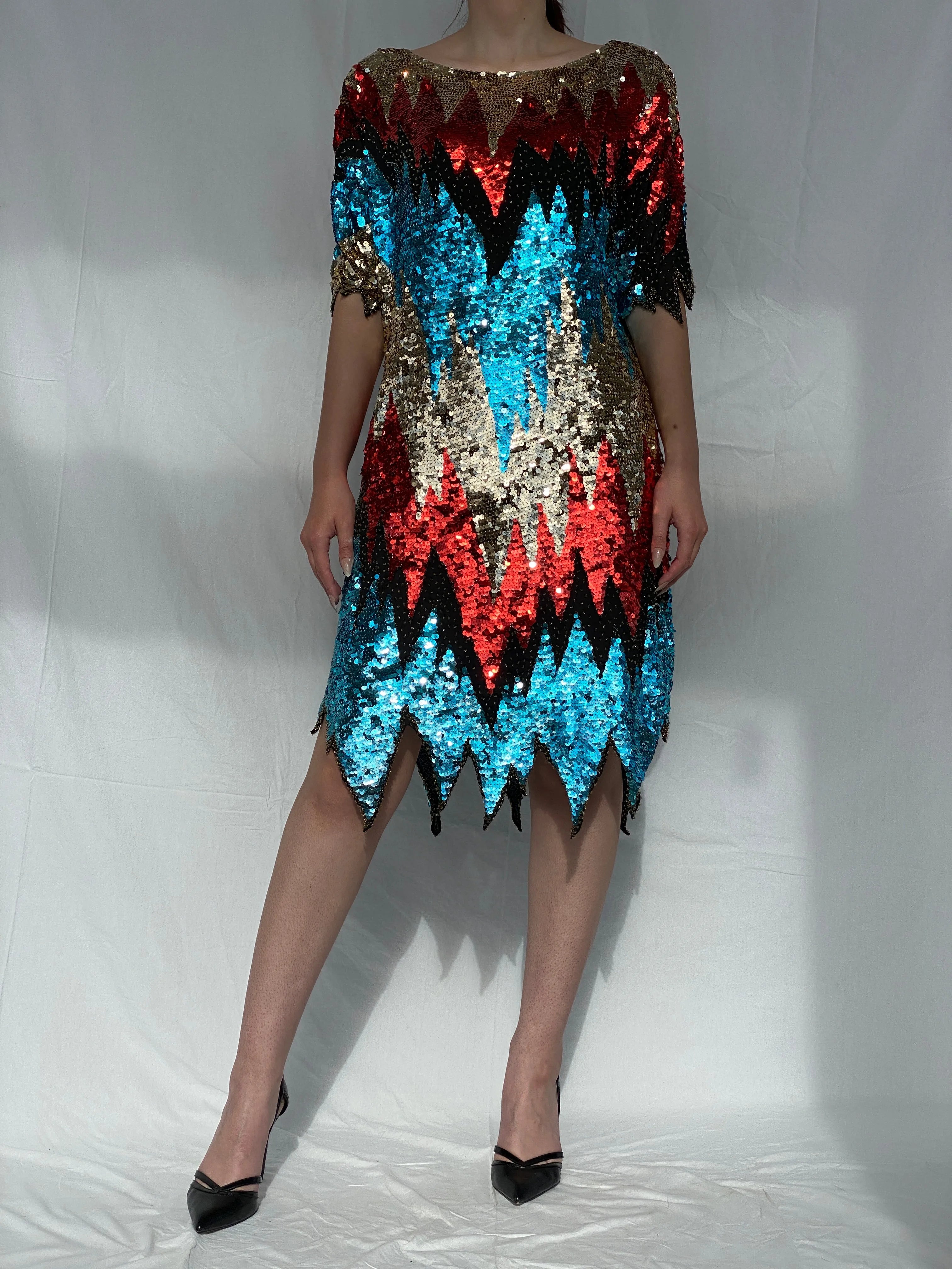 Vintage Iris Zig Zag Sequin and Sheer Midi Party Dress - L - Balagan Vintage Midi Dress 00s dress, 90s, Ayah, midi dress
