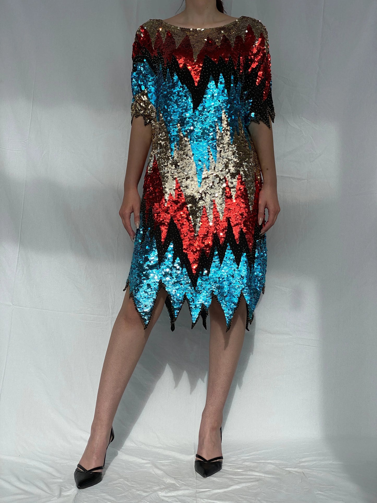 Vintage Iris Zig Zag Sequin and Sheer Midi Party Dress - L - Balagan Vintage Midi Dress 00s dress, 90s, Ayah, midi dress
