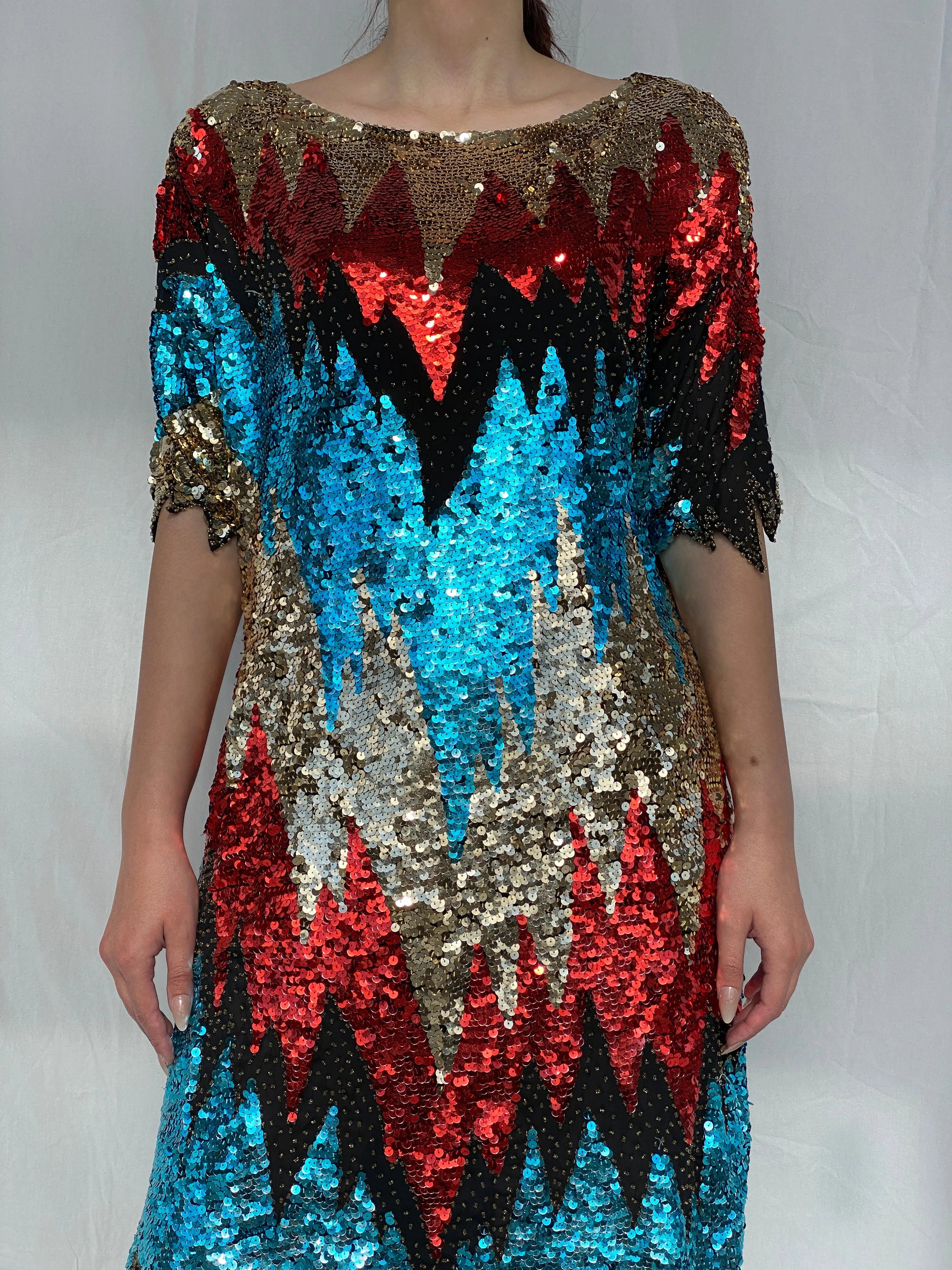 Vintage Iris Zig Zag Sequin and Sheer Midi Party Dress - L - Balagan Vintage Midi Dress 00s dress, 90s, Ayah, midi dress