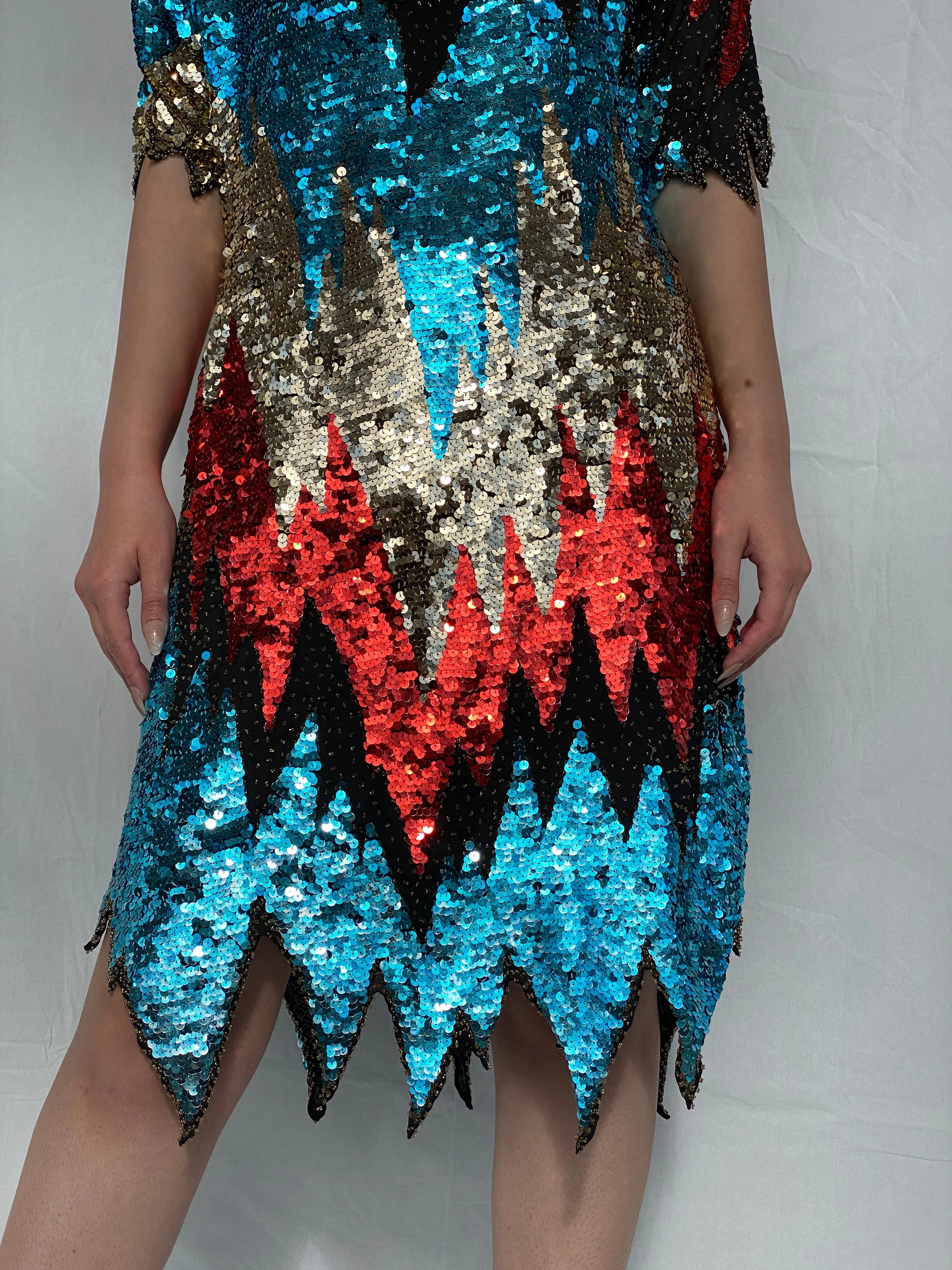 Vintage Iris Zig Zag Sequin and Sheer Midi Party Dress - L - Balagan Vintage Midi Dress 00s dress, 90s, Ayah, midi dress