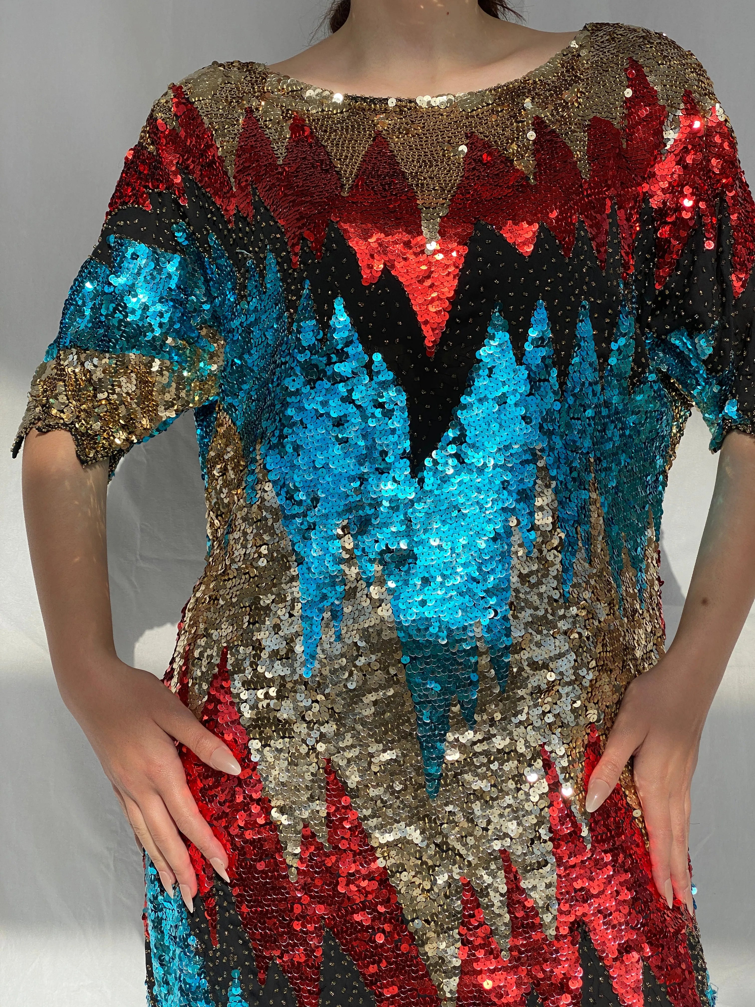 Vintage Iris Zig Zag Sequin and Sheer Midi Party Dress - L - Balagan Vintage Midi Dress 00s dress, 90s, Ayah, midi dress