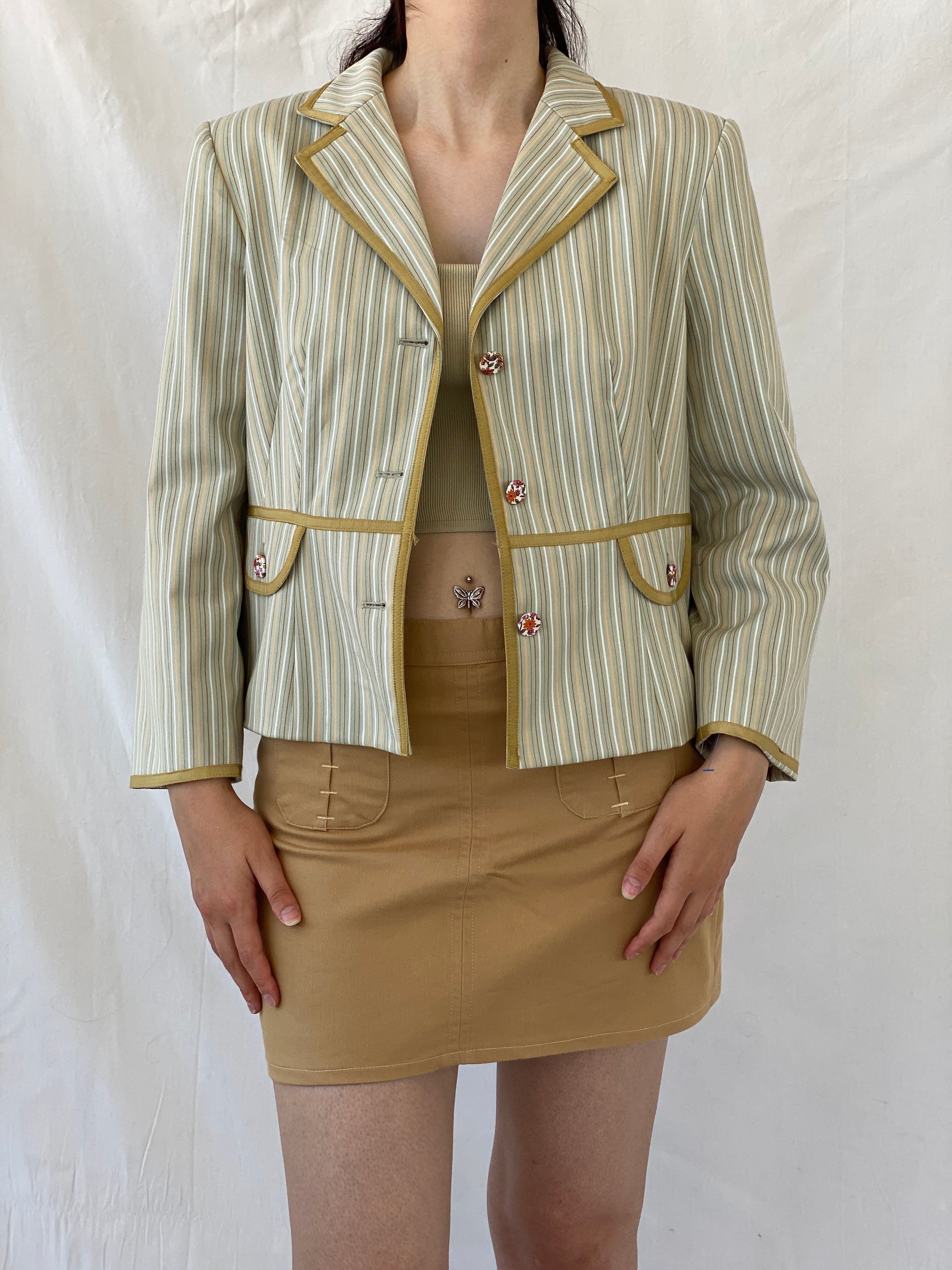 Vintage Isabel & Nina Green Striped Floral Buttons Blazer - XL - Balagan Vintage Blazer 00s, Ayah, blazer, Coats&Jackets, consignment, denim, full sleeve blazer, Tasnim, winter, Women's Blazers