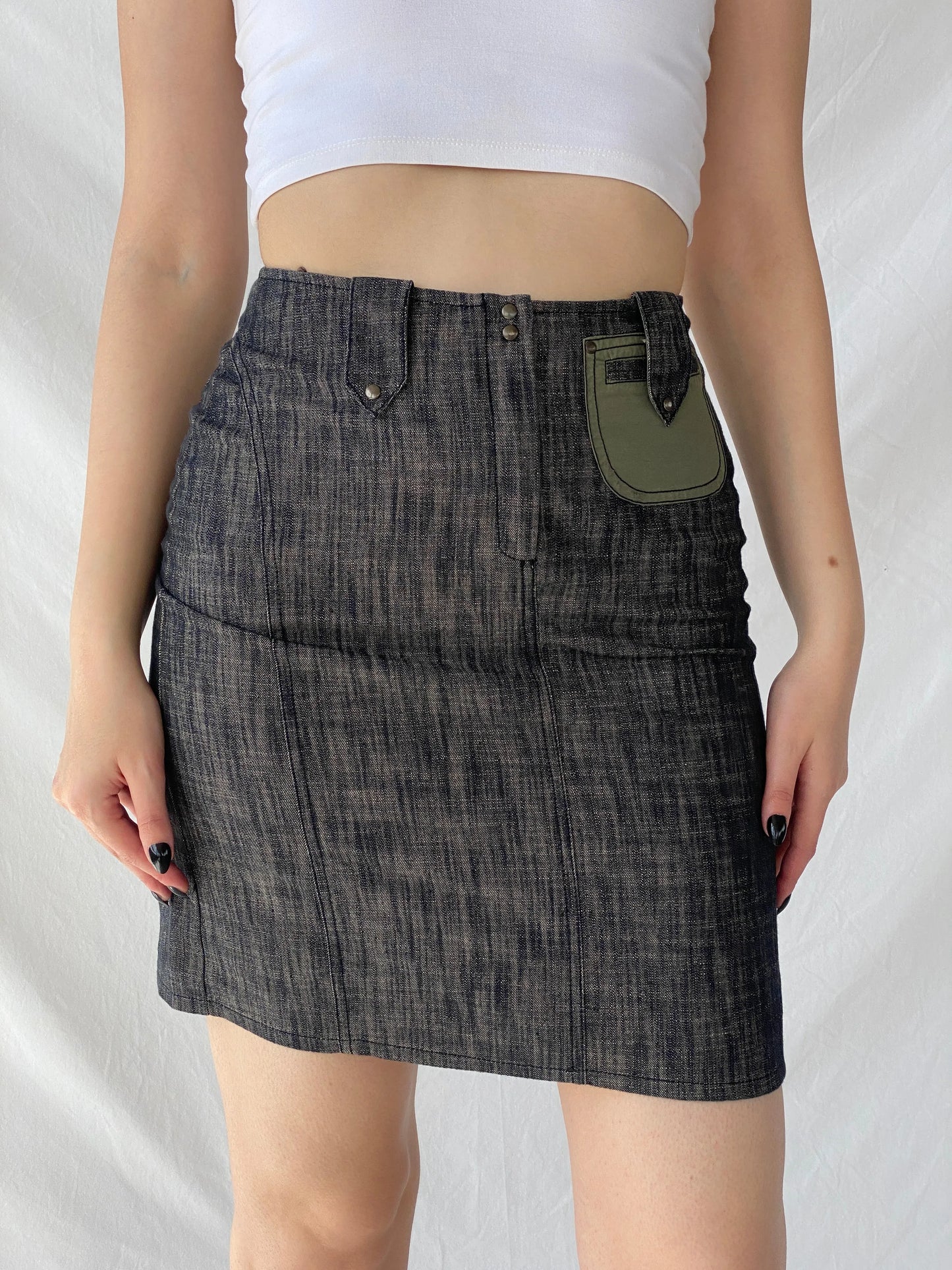 Vintage Jacqueline Riu Black Crystal-Cut Denim Mini Skirt - S - Balagan Vintage Mini Skirt Ayah, denim, denim skirt, mini skirt, winter