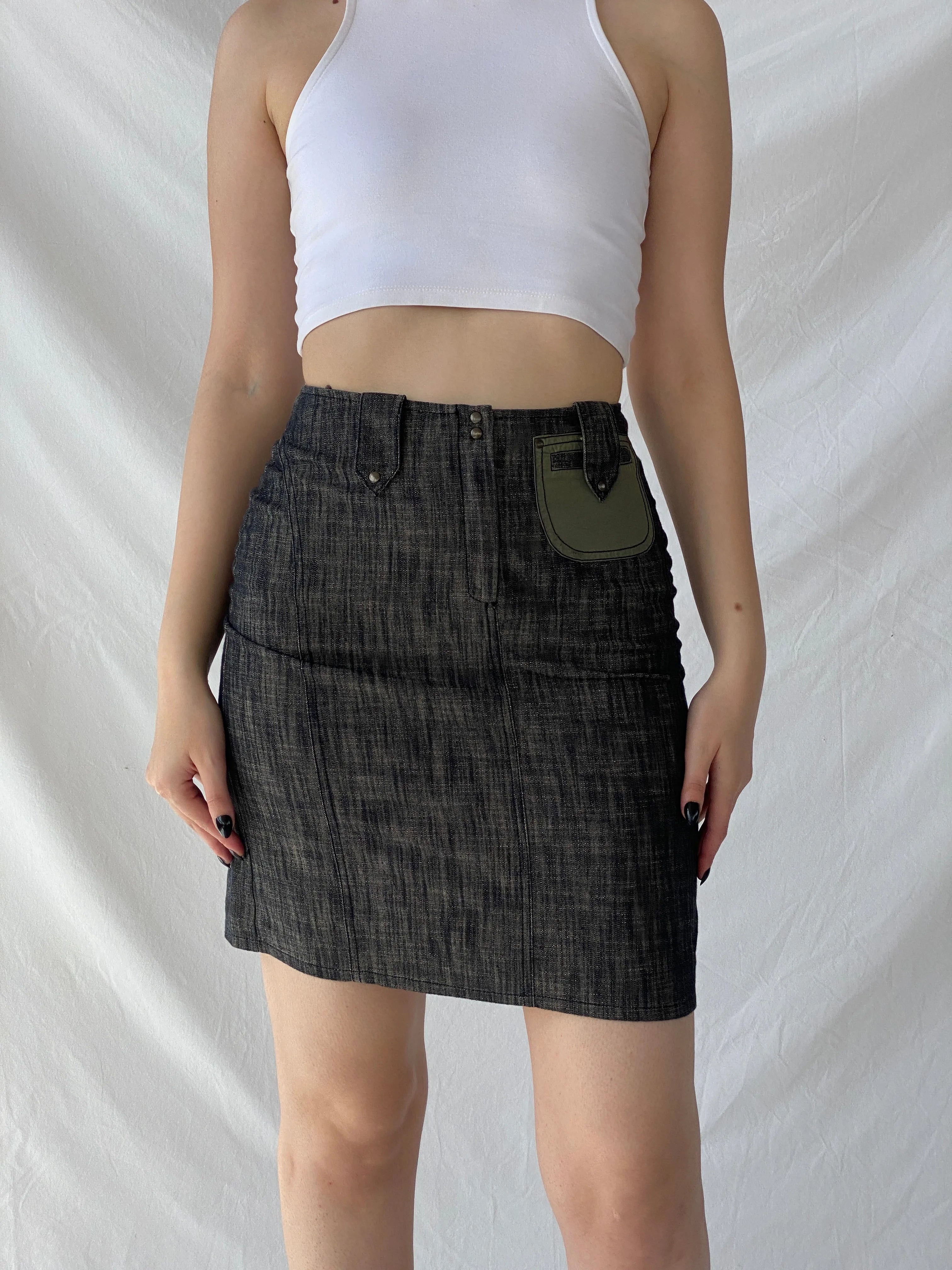 Vintage Jacqueline Riu Black Crystal-Cut Denim Mini Skirt - S - Balagan Vintage Mini Skirt Ayah, denim, denim skirt, mini skirt, winter