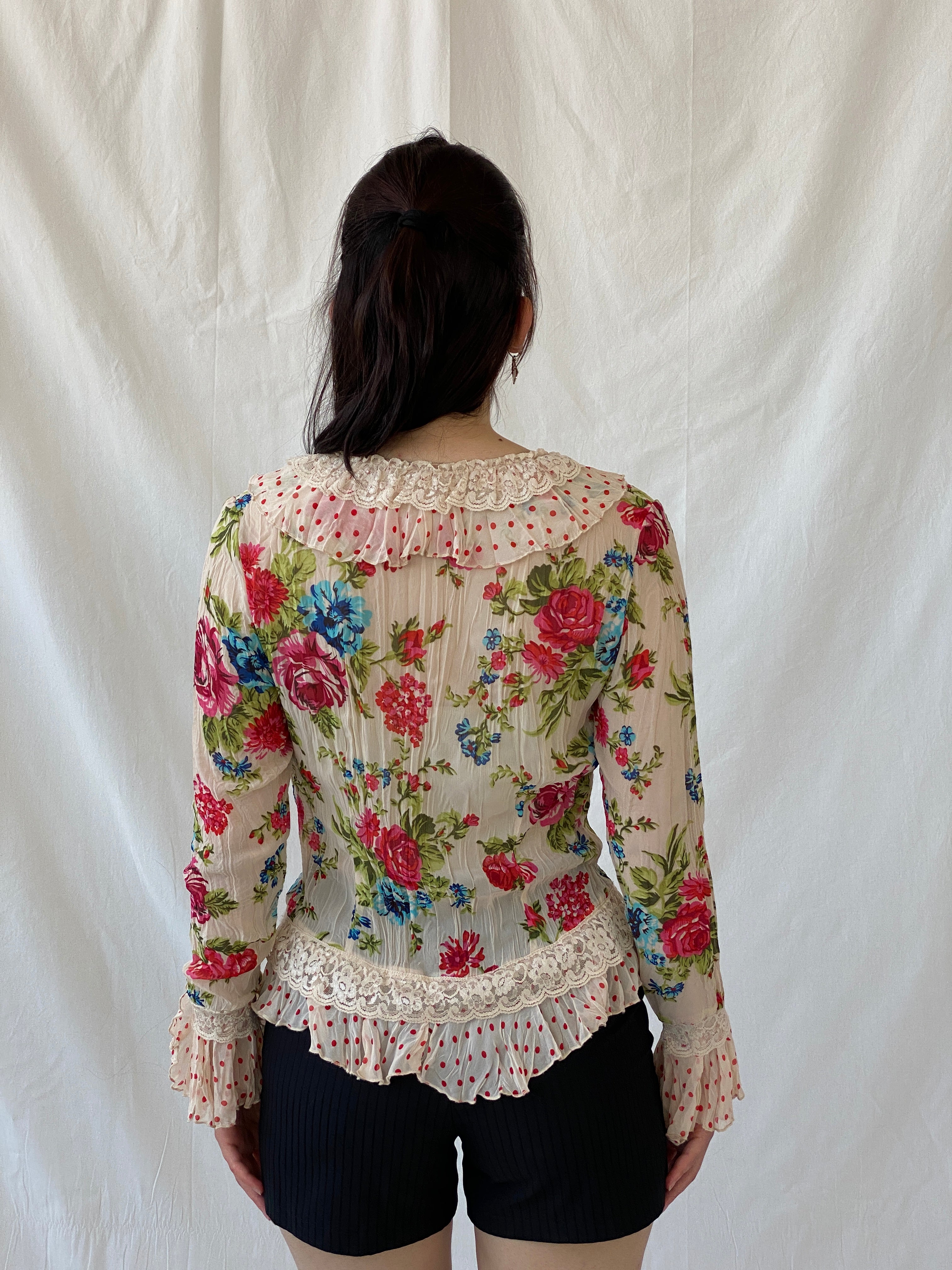 Vintage Jacqueline Riu Floral Ruffle Button-Up Blouse Cottagecore Romantic Lace Top - S - Balagan Vintage Full Sleeve Shirt Ayah, floral, floral print, floral shirt, full sleeve shirt, NEW IN, shirt, women shirt