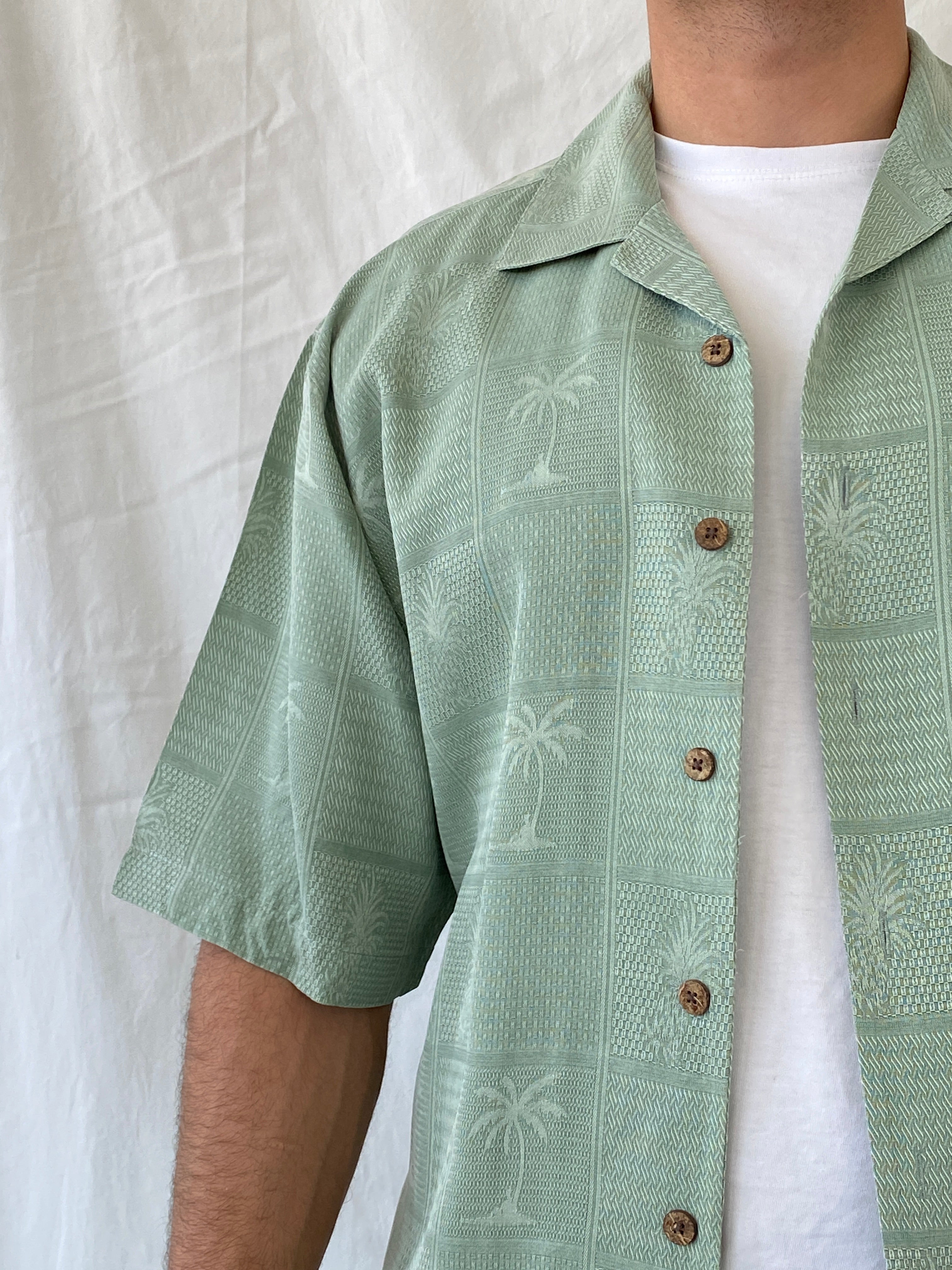 Vintage Jamaica Jaxx Mint Green Short Sleeve Button Up Men’s Hawaiian Silk Shirt - M - Balagan Vintage Half Sleeve Shirt 90s, half sleeve shirt, Hawaiian shirt, mens shirt, printed shirt, Ramez, silk, silk shirt