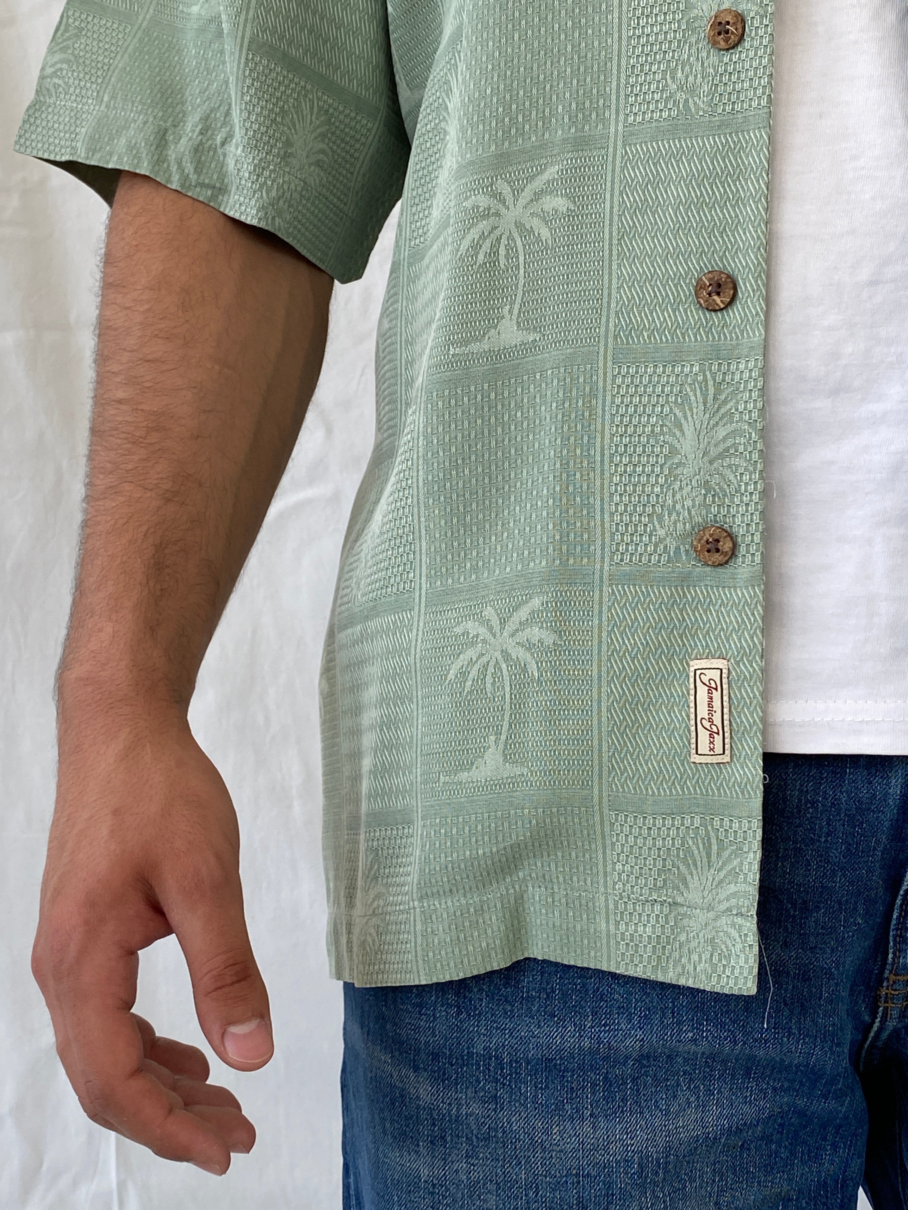 Vintage Jamaica Jaxx Mint Green Short Sleeve Button Up Men’s Hawaiian Silk Shirt - M - Balagan Vintage Half Sleeve Shirt 90s, half sleeve shirt, Hawaiian shirt, mens shirt, printed shirt, Ramez, silk, silk shirt