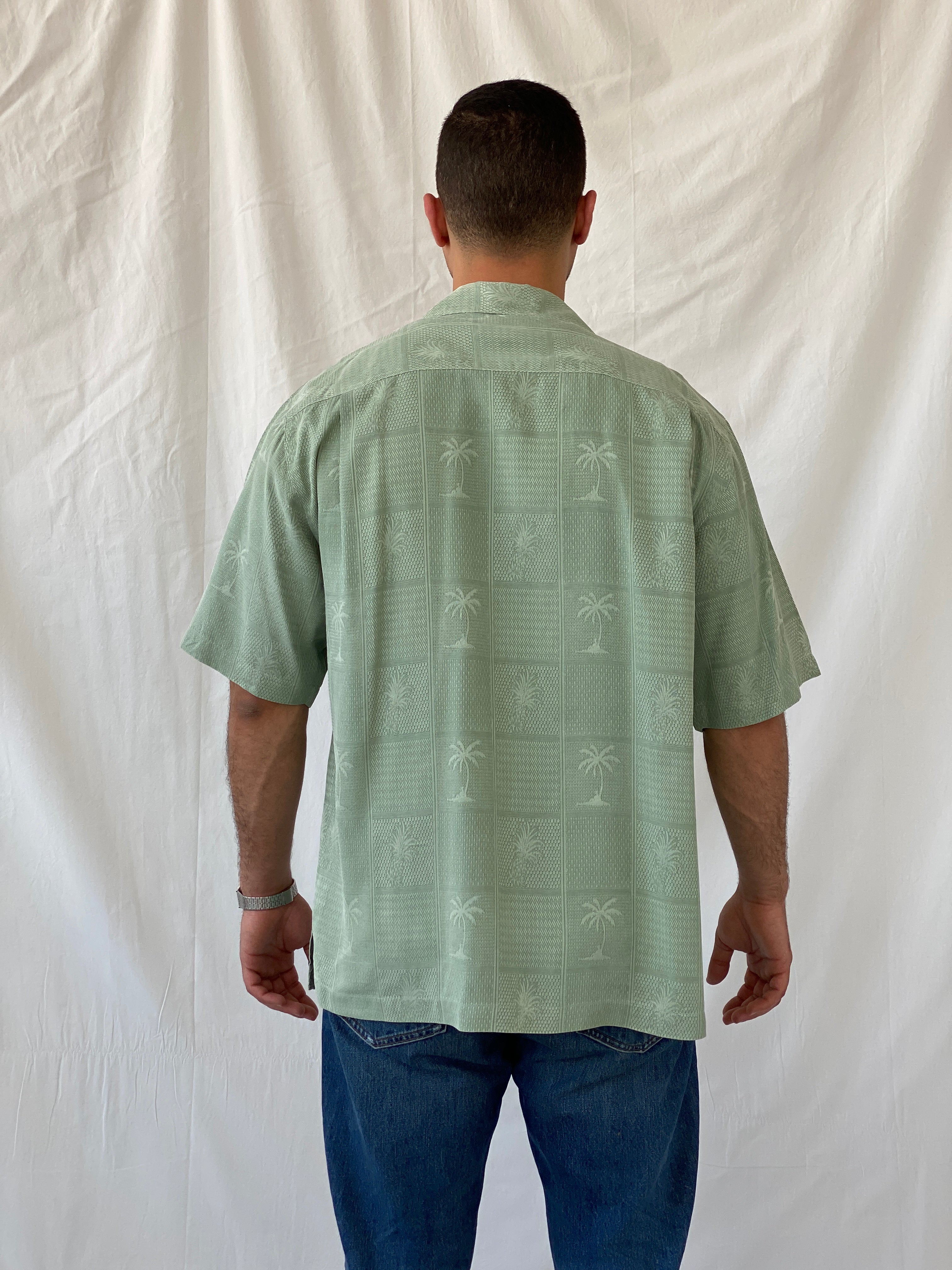 Vintage Jamaica Jaxx Mint Green Short Sleeve Button Up Men’s Hawaiian Silk Shirt - M - Balagan Vintage Half Sleeve Shirt 90s, half sleeve shirt, Hawaiian shirt, mens shirt, printed shirt, Ramez, silk, silk shirt