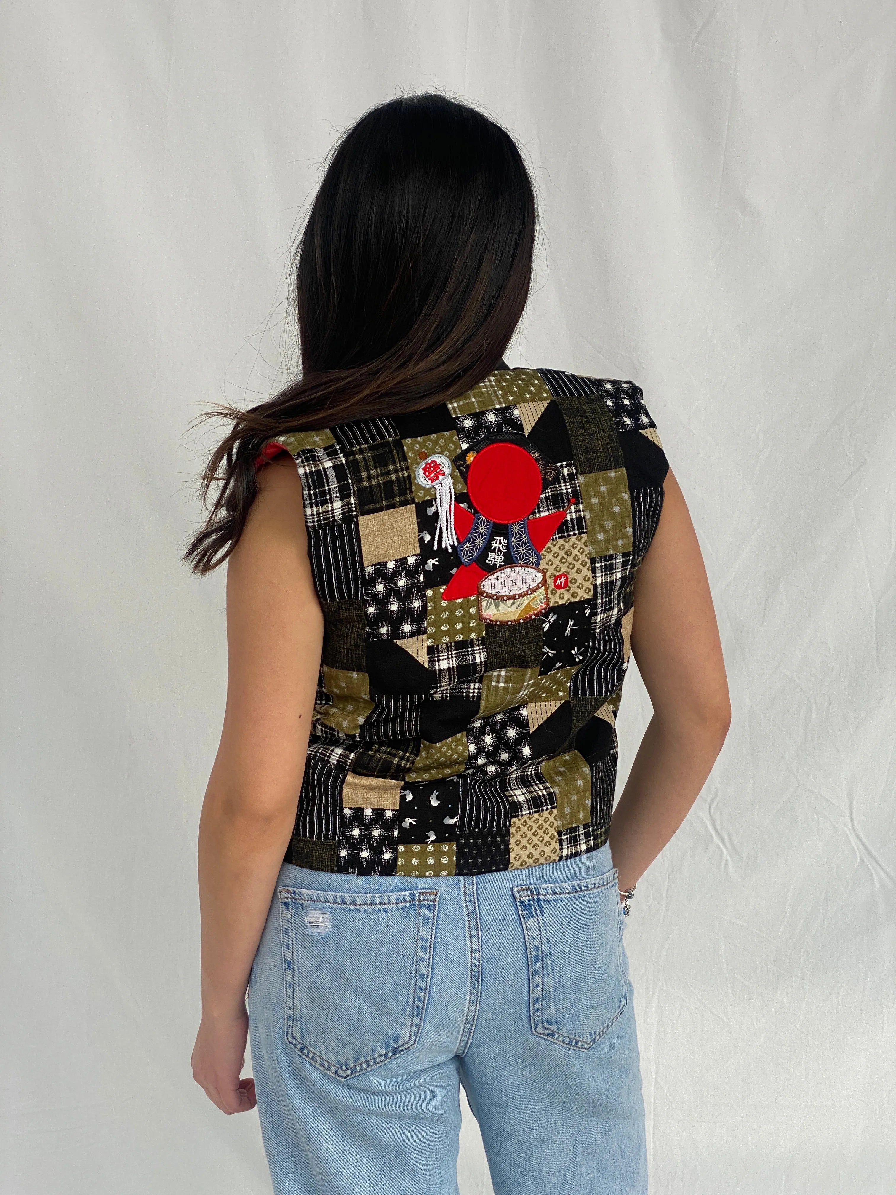 Vintage Japanese Green & Black Patchwork Tie-Front Vest with Embroidered Back - XS - Balagan Vintage Vest 00s, black vest, Fatima, vest, women top