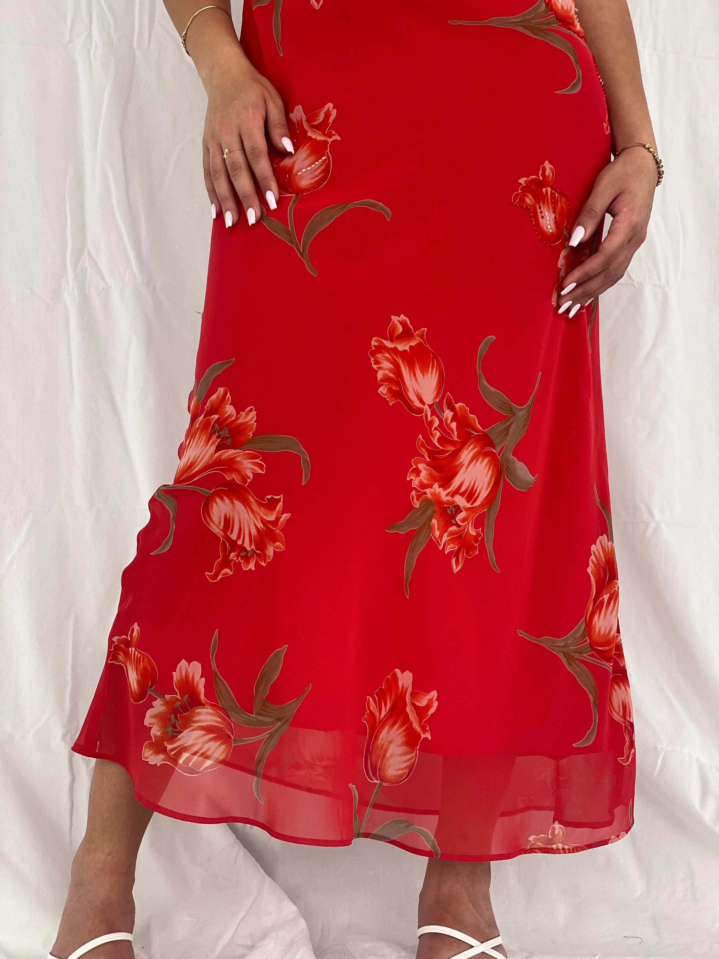 Vintage Jessica Howard Red Floral Maxi Dress Size M - Balagan Vintage Maxi Dress 90s, 90s dress, floral dress, maxi dress, Rama, Wedding Guest