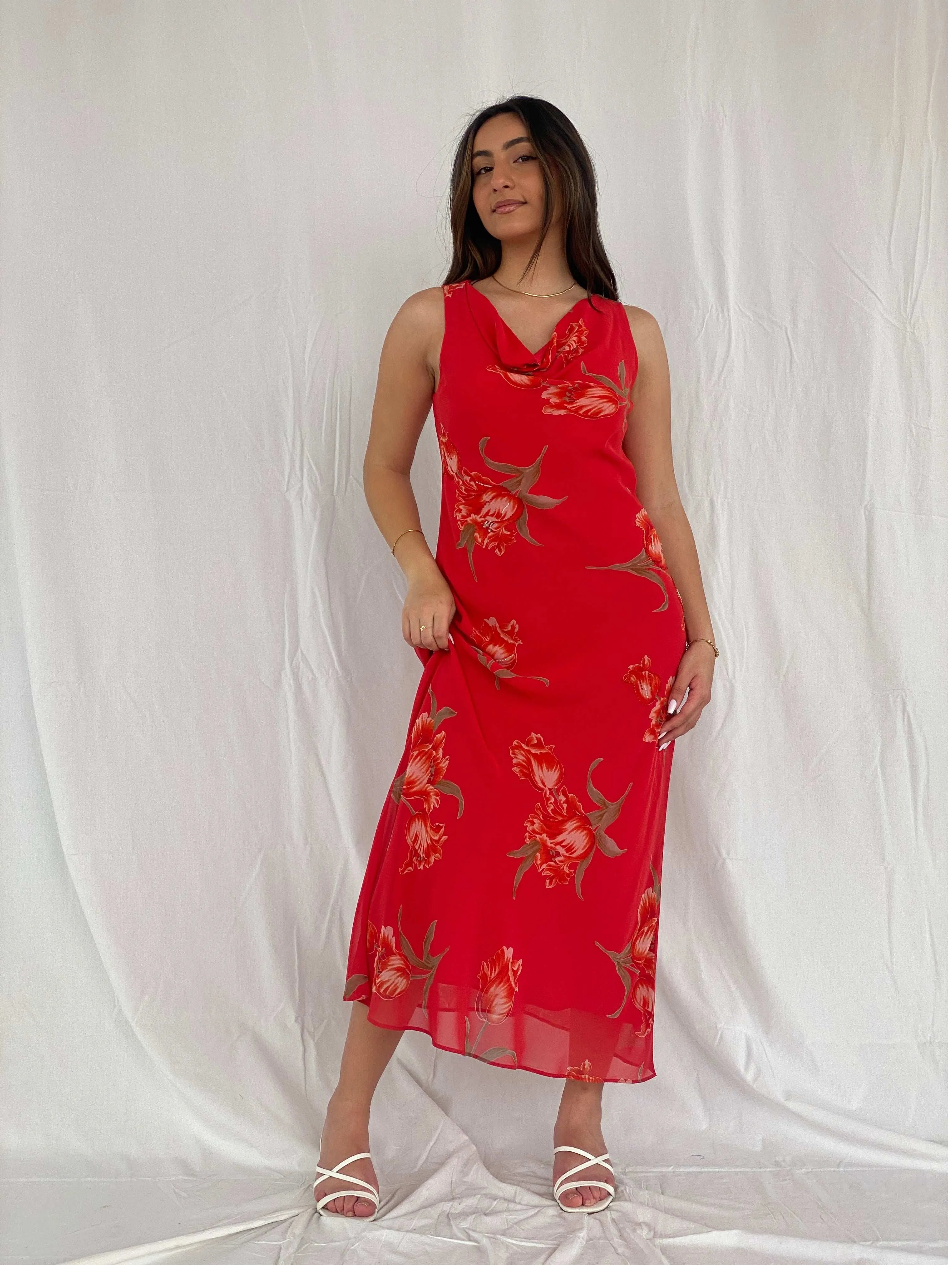 Vintage Jessica Howard Red Floral Maxi Dress Size M - Balagan Vintage Maxi Dress 90s, 90s dress, floral dress, maxi dress, Rama, Wedding Guest