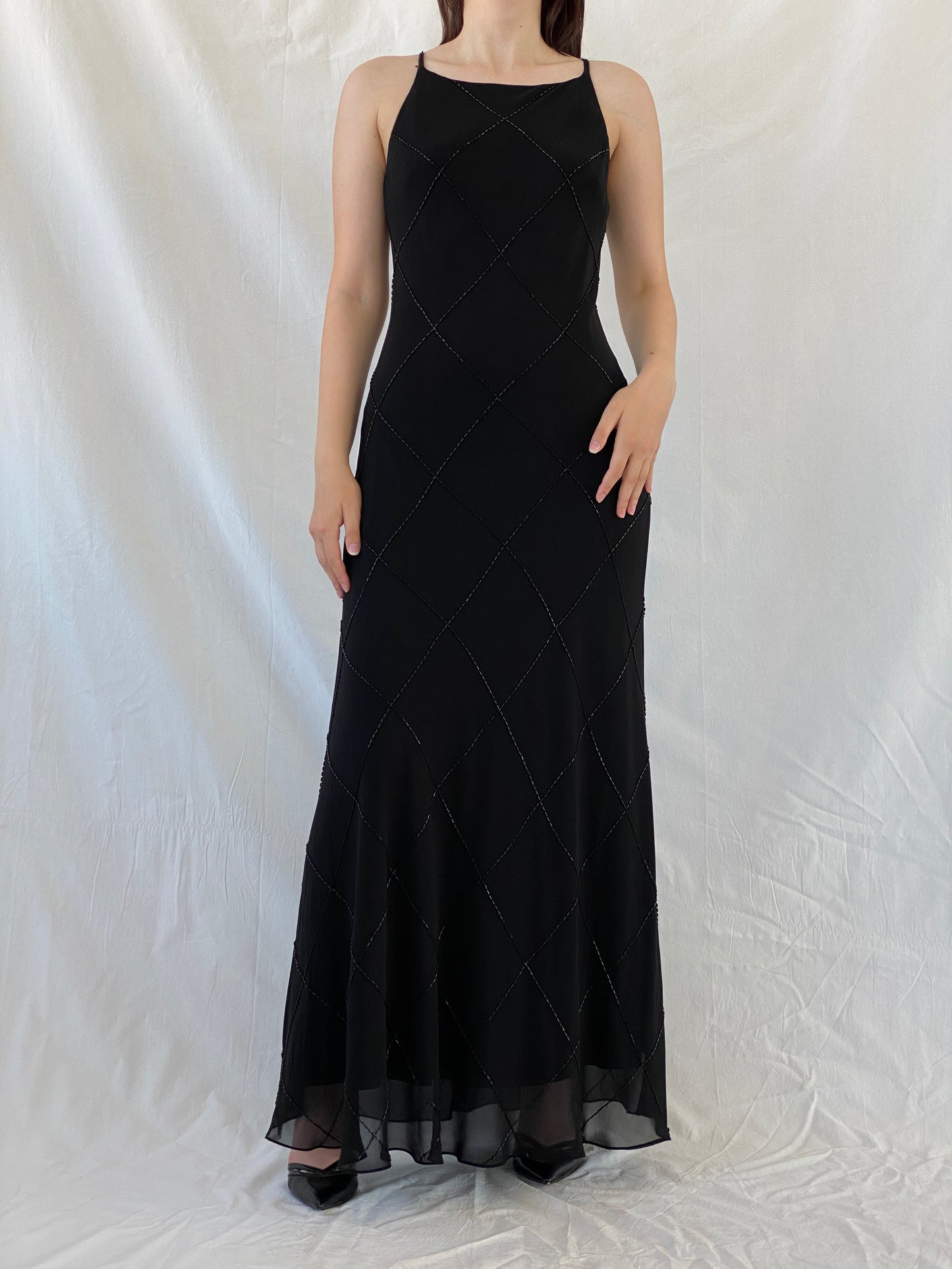 Vintage Jones New York Black Beaded Evening Gown 90s Formal Slip Dress - M - Balagan Vintage Maxi Dress 90s, Ayah, black dress, dress, gown, maxi dress, NEW IN, vintage dress, Wedding Guest