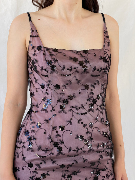 Vintage Jones New York Sequined Floral Pink Black Mesh Bodycon Short Dress - M - Balagan Vintage Midi Dress 90s, Ayah, consignment, dress, midi dress, NEW IN, Rand, vintage dress, Wedding Guest
