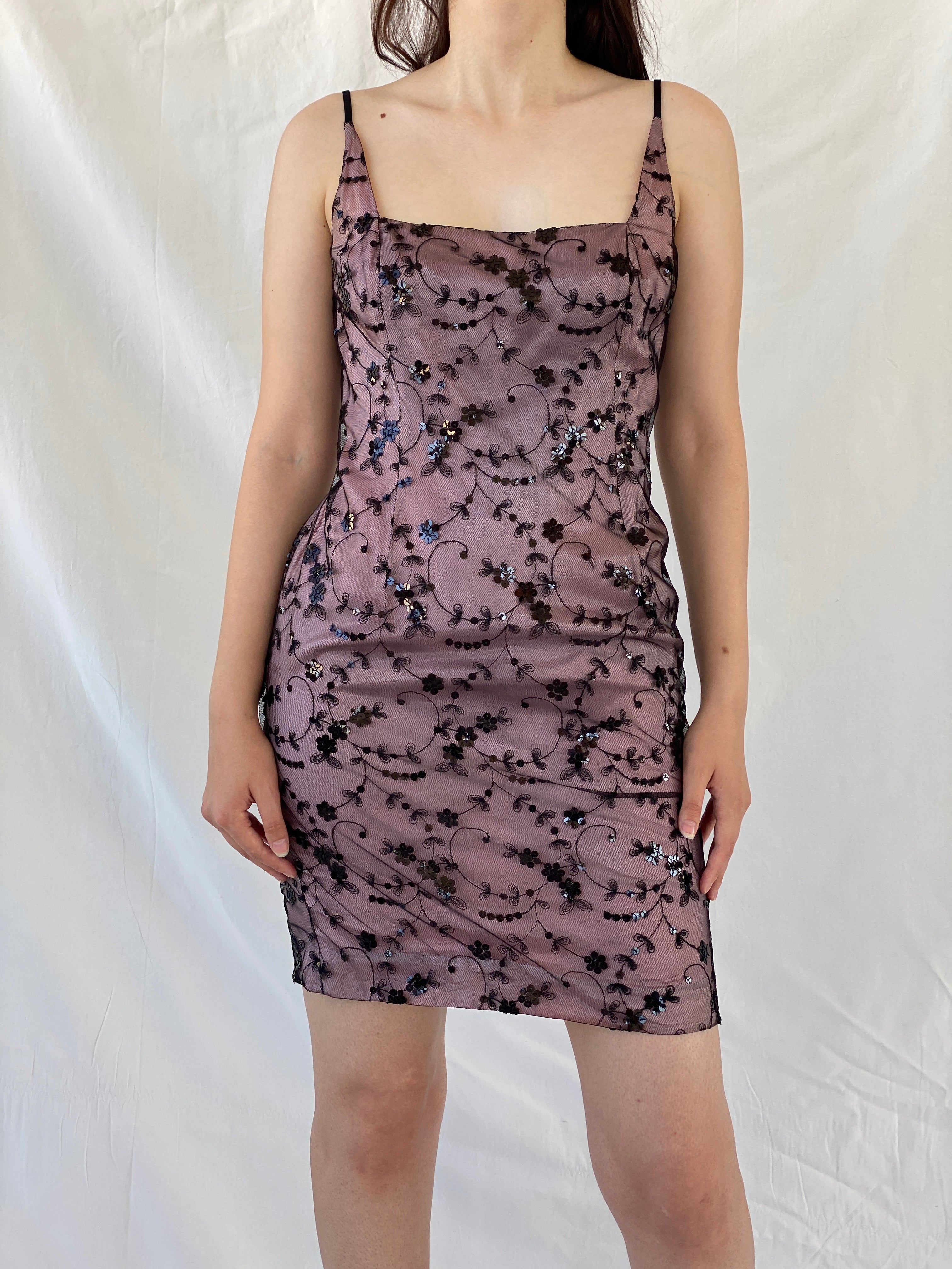 Vintage Jones New York Sequined Floral Pink Black Mesh Bodycon Short Dress - M - Balagan Vintage Midi Dress 90s, Ayah, consignment, dress, midi dress, NEW IN, Rand, vintage dress, Wedding Guest