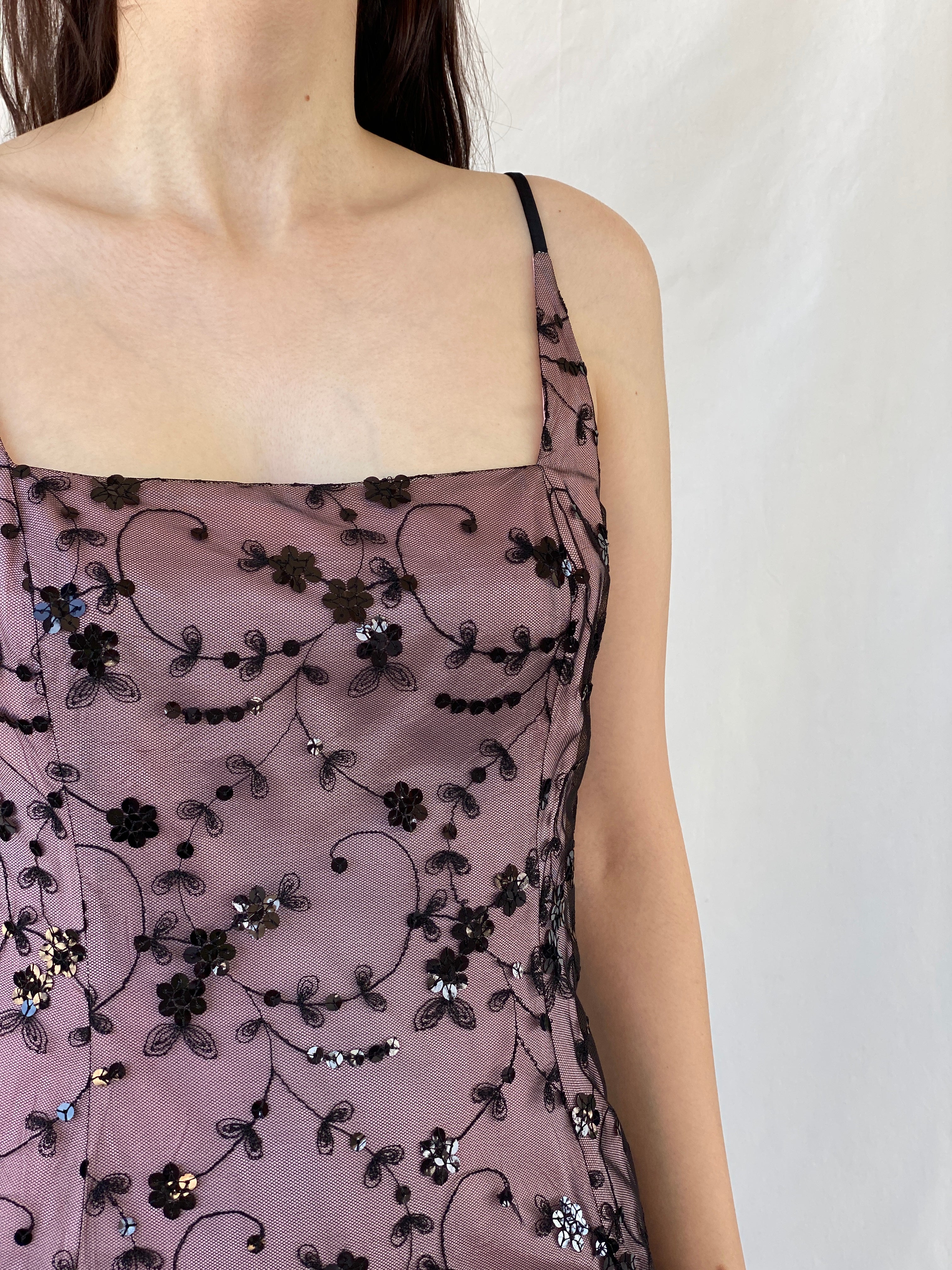 Vintage Jones New York Sequined Floral Pink Black Mesh Bodycon Short Dress - M - Balagan Vintage Midi Dress 90s, Ayah, consignment, dress, midi dress, NEW IN, Rand, vintage dress, Wedding Guest