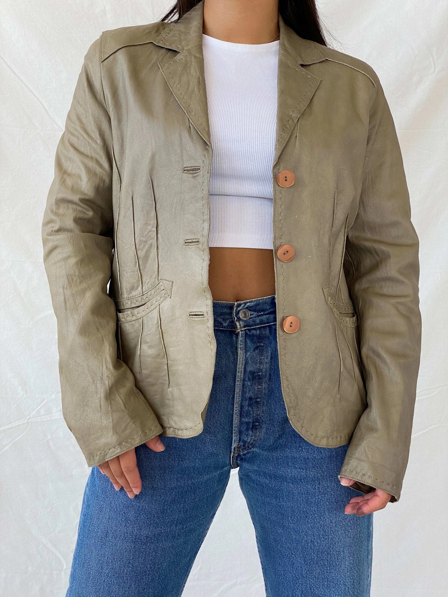 Vintage Julia S Roma Olive Green Genuine Leather Blazer - M - Balagan Vintage Leather Blazer 90s, Coats&Jackets, genuine leather, Lana, leather blazer, Women's Blazers