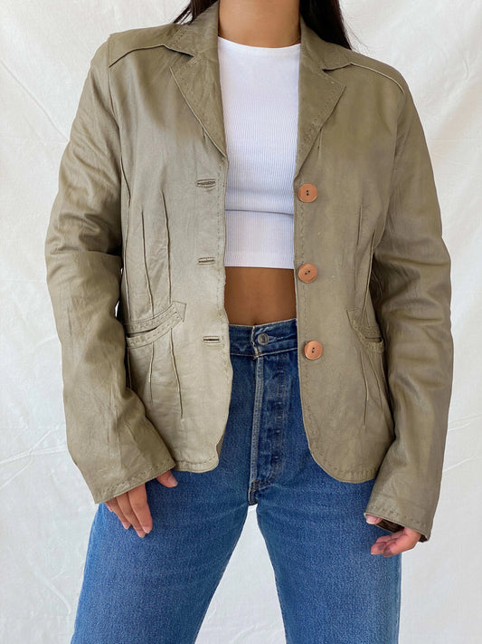 Vintage Julia S Roma Olive Green Genuine Leather Blazer - M - Balagan Vintage Leather Blazer 90s, Coats&Jackets, genuine leather, Lana, leather blazer, Women's Blazers