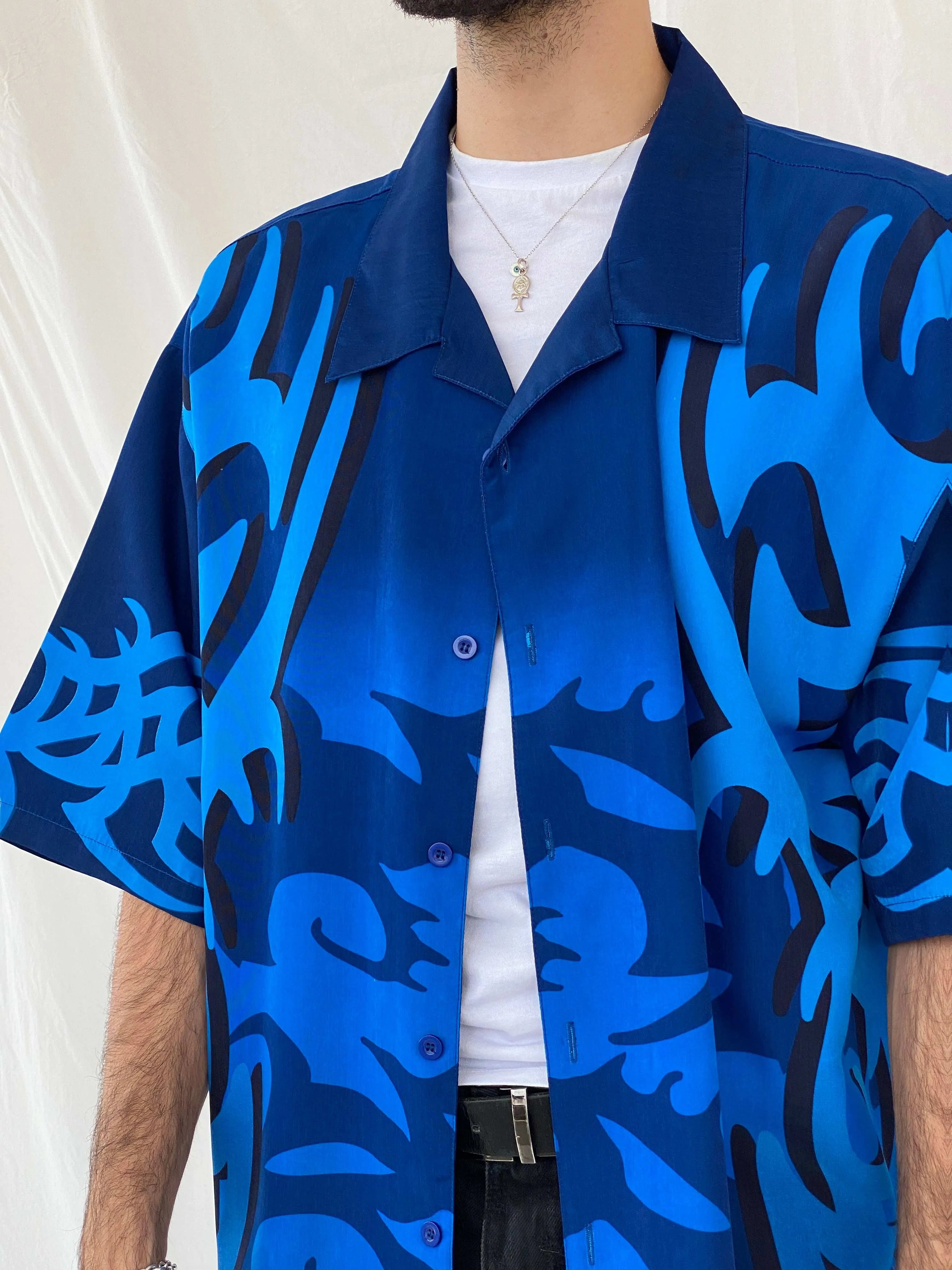 Vintage K.F1.O Navy Half Sleeve Shirt Size 2XL - Balagan Vintage Half Sleeve Shirt 00s, 90s, Awsam, half sleeve shirt, printed shirt