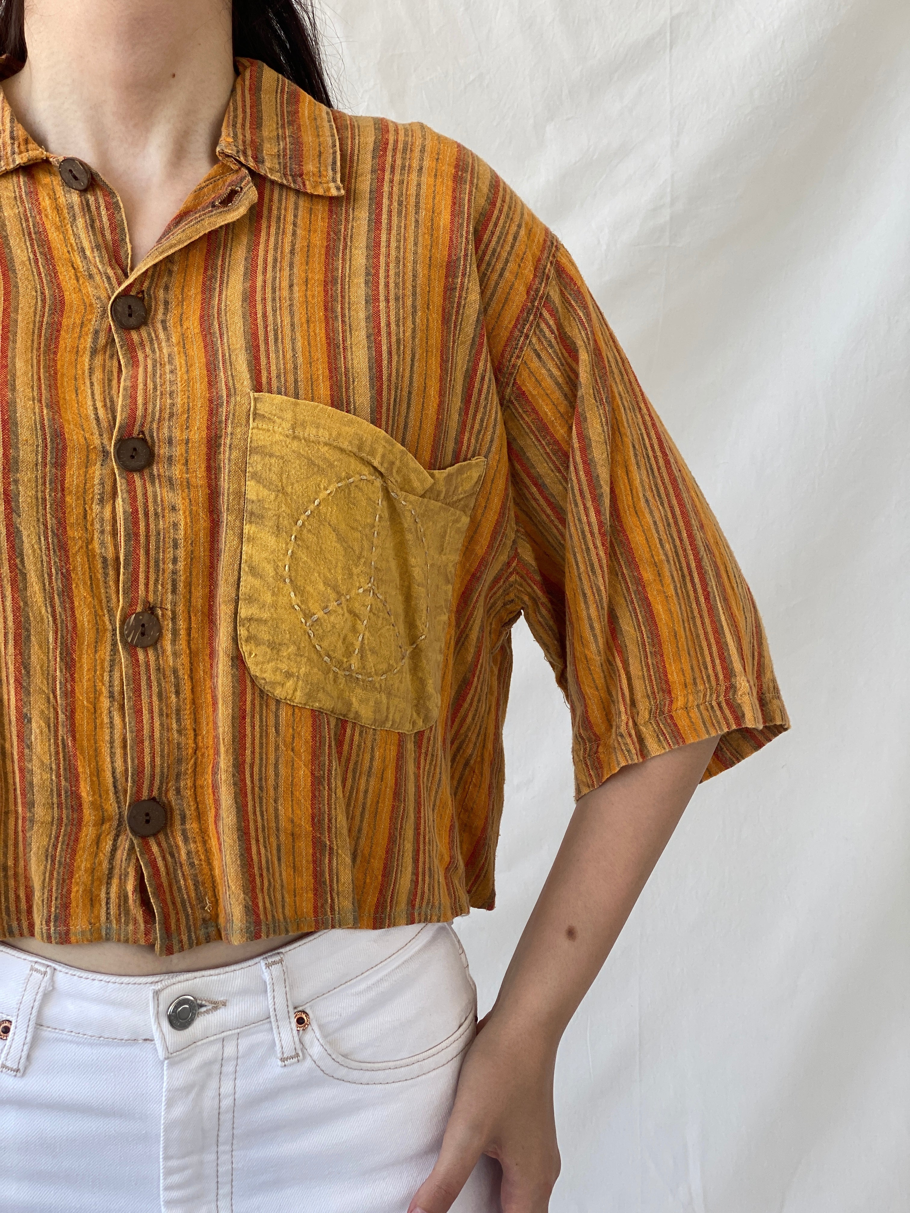 Vintage Kathmandu Imports Orange Striped Cropped Short Sleeve Shirt - M - Balagan Vintage Half Sleeve Shirt 00s, Ayah, cropped Hawaiian shirt, Cropped shirt, half sleeve shirt, NEW IN, summer