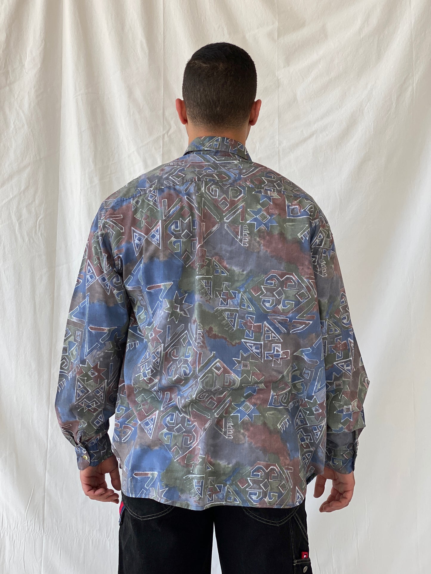 Vintage Ki////092 Clothing Company Men’s Tie-dye Geometric Print Long Sleeve Shirt - XL - Balagan Vintage Full Sleeve Shirt 90s, full sleeve shirt, geometric print, mens shirt, printed shirt, Ramez, silk