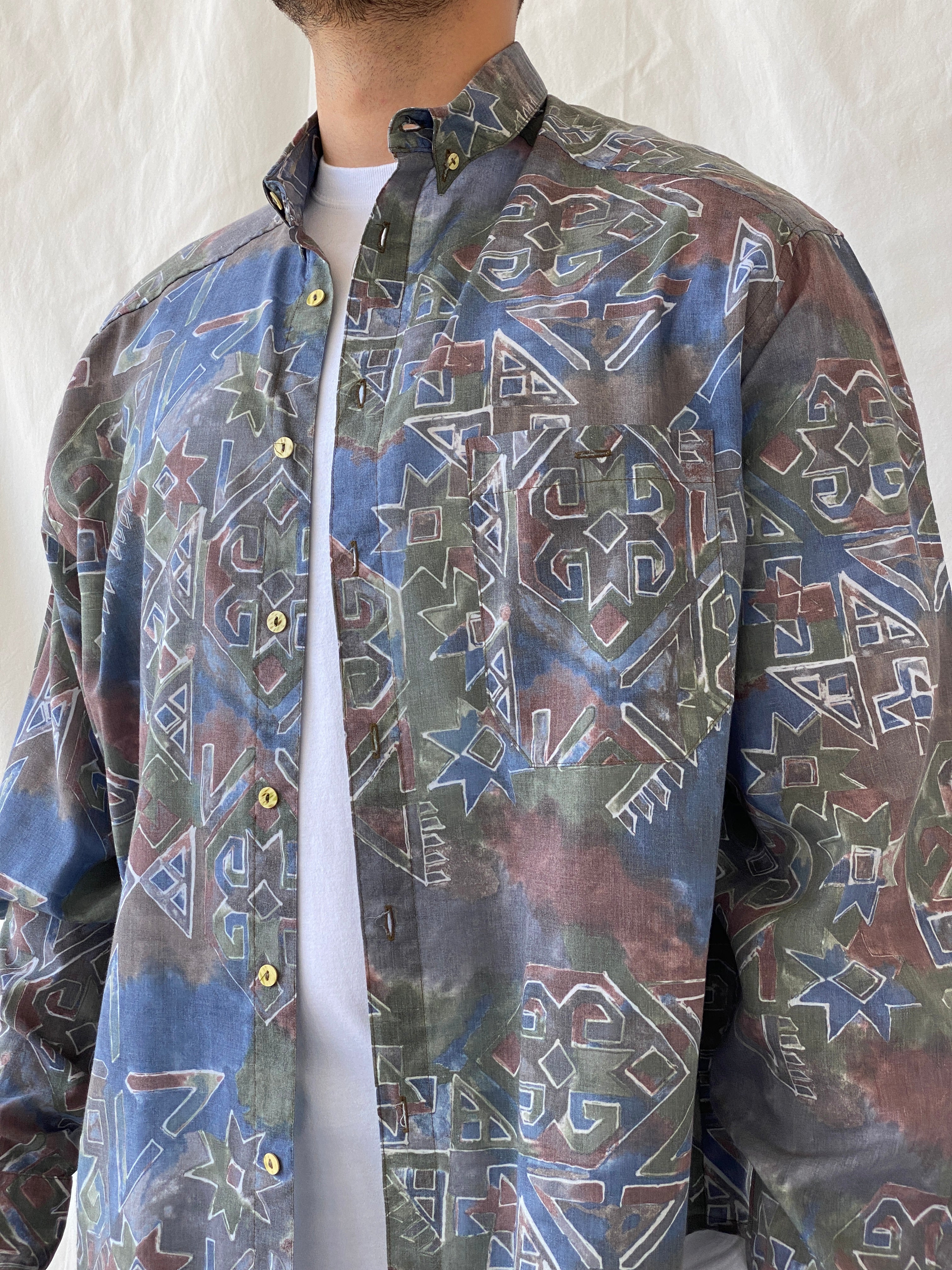 Vintage Ki////092 Clothing Company Men’s Tie-dye Geometric Print Long Sleeve Shirt - XL - Balagan Vintage Full Sleeve Shirt 90s, full sleeve shirt, geometric print, mens shirt, printed shirt, Ramez, silk