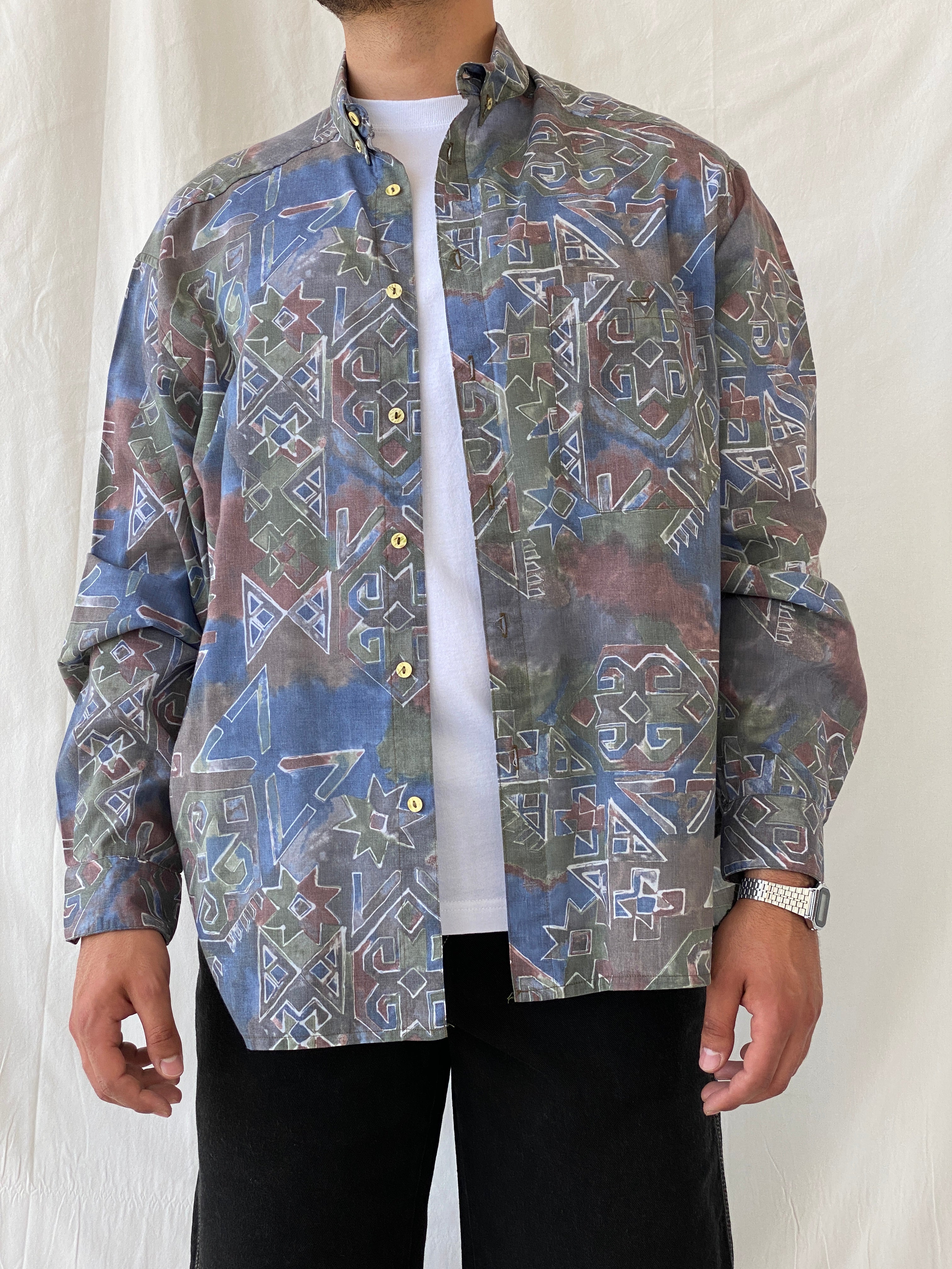 Vintage Ki////092 Clothing Company Men’s Tie-dye Geometric Print Long Sleeve Shirt - XL - Balagan Vintage Full Sleeve Shirt 90s, full sleeve shirt, geometric print, mens shirt, printed shirt, Ramez, silk