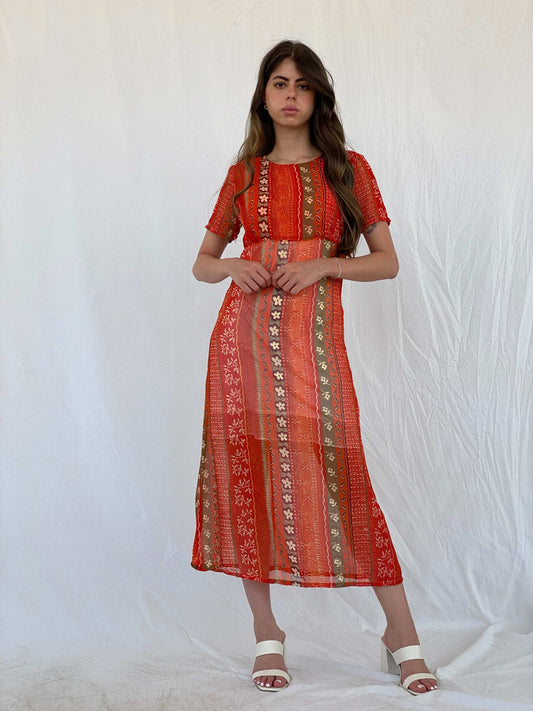 Vintage Kitty-K Orange Sheer Boho Print Midi Dress - M - Balagan Vintage Midi Dress 00s, 90s, midi dress, Mira, sheer