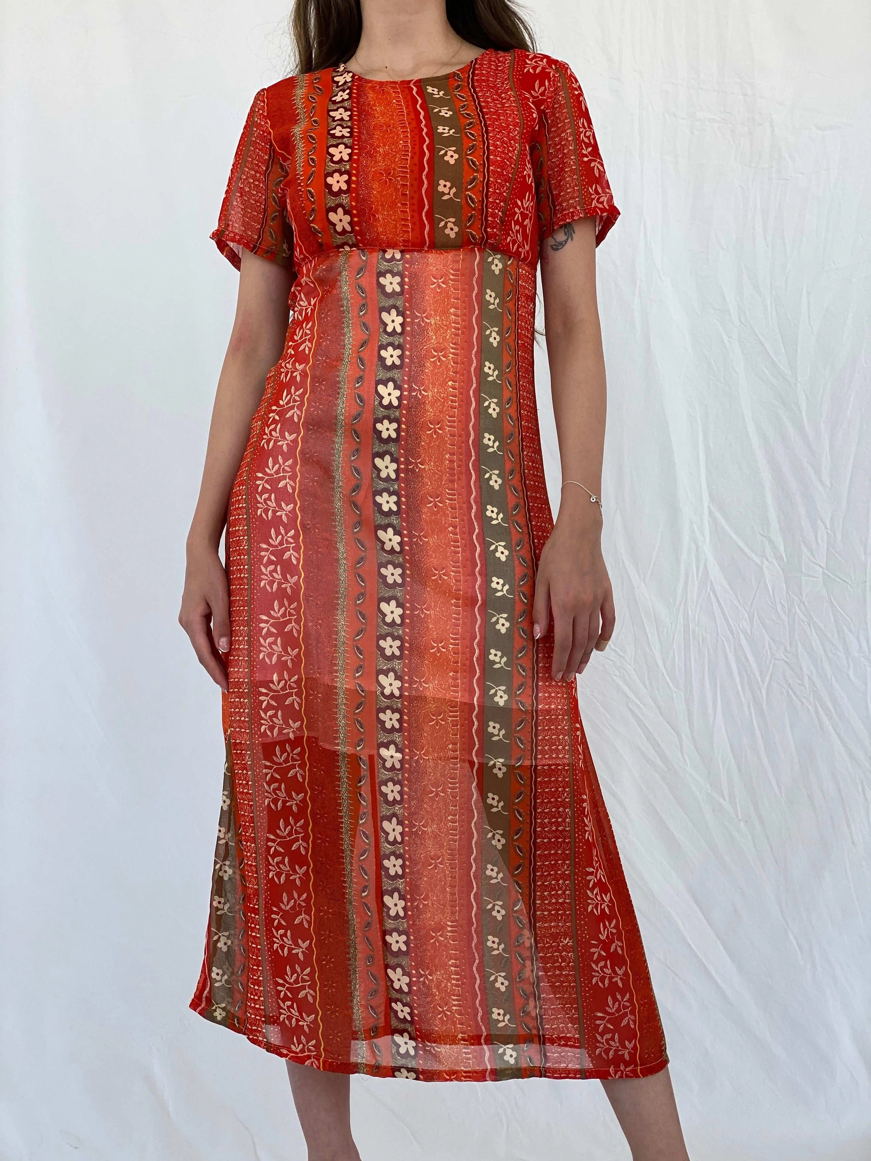 Vintage Kitty-K Orange Sheer Boho Print Midi Dress - M - Balagan Vintage Midi Dress 00s, 90s, midi dress, Mira, sheer