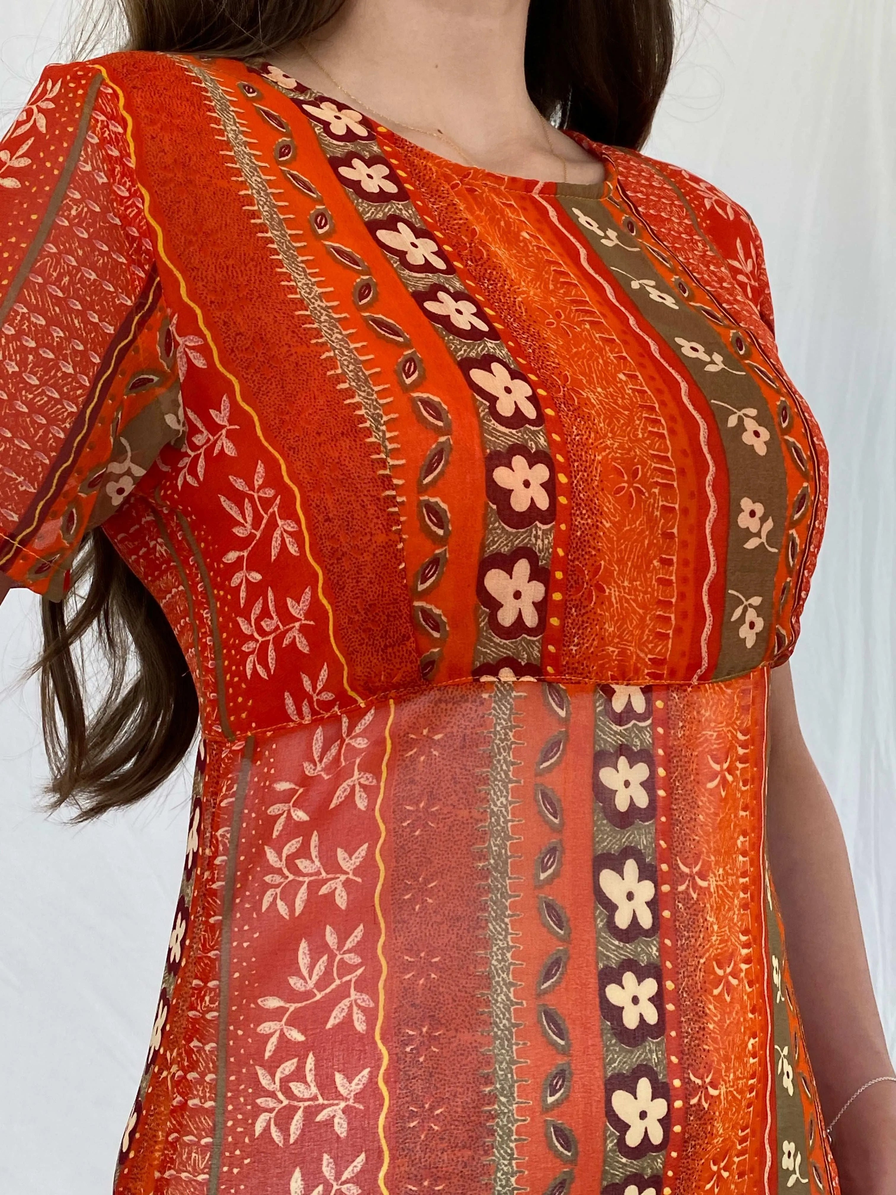 Vintage Kitty-K Orange Sheer Boho Print Midi Dress - M - Balagan Vintage Midi Dress 00s, 90s, midi dress, Mira, sheer
