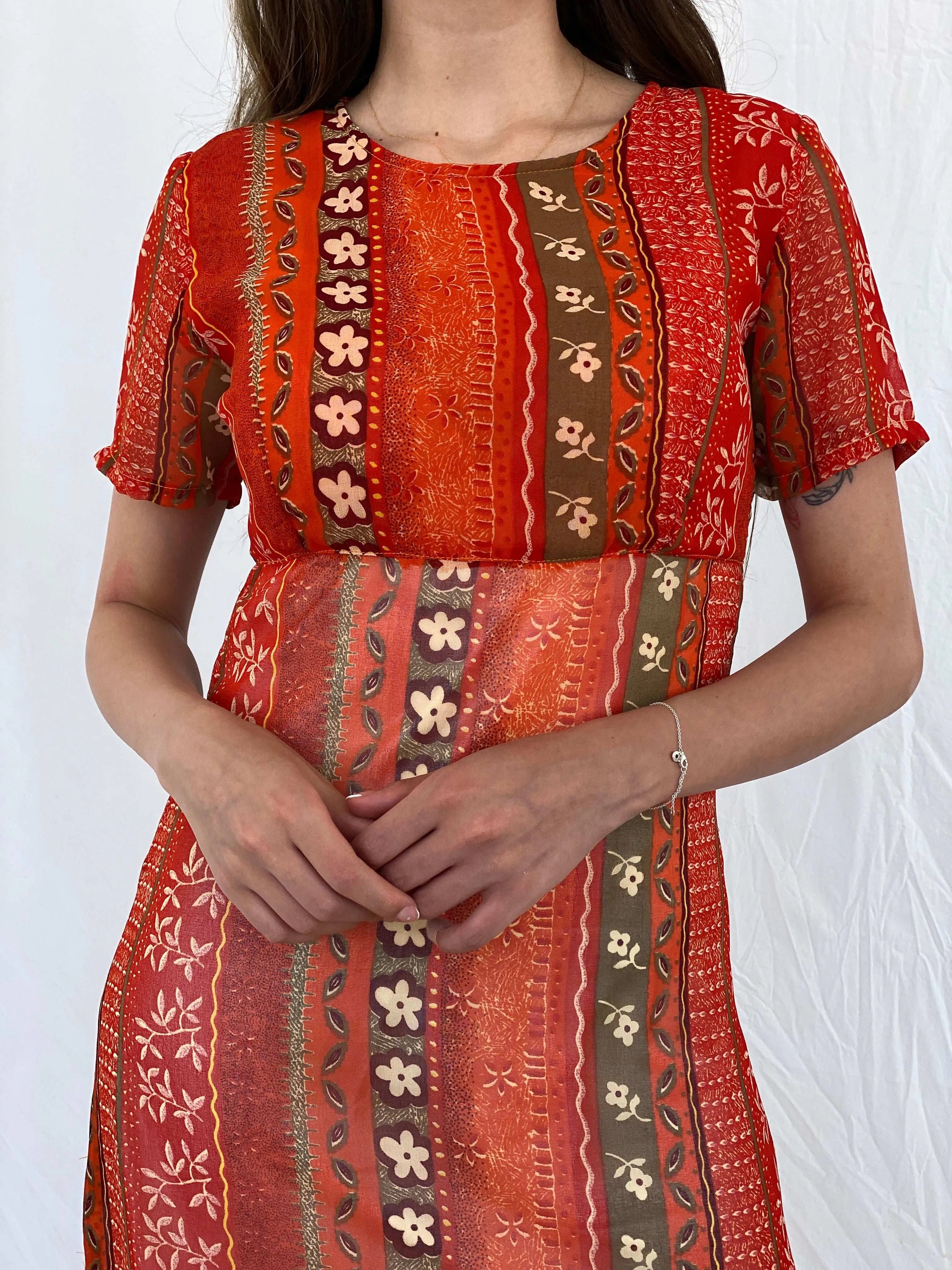 Vintage Kitty-K Orange Sheer Boho Print Midi Dress - M - Balagan Vintage Midi Dress 00s, 90s, midi dress, Mira, sheer