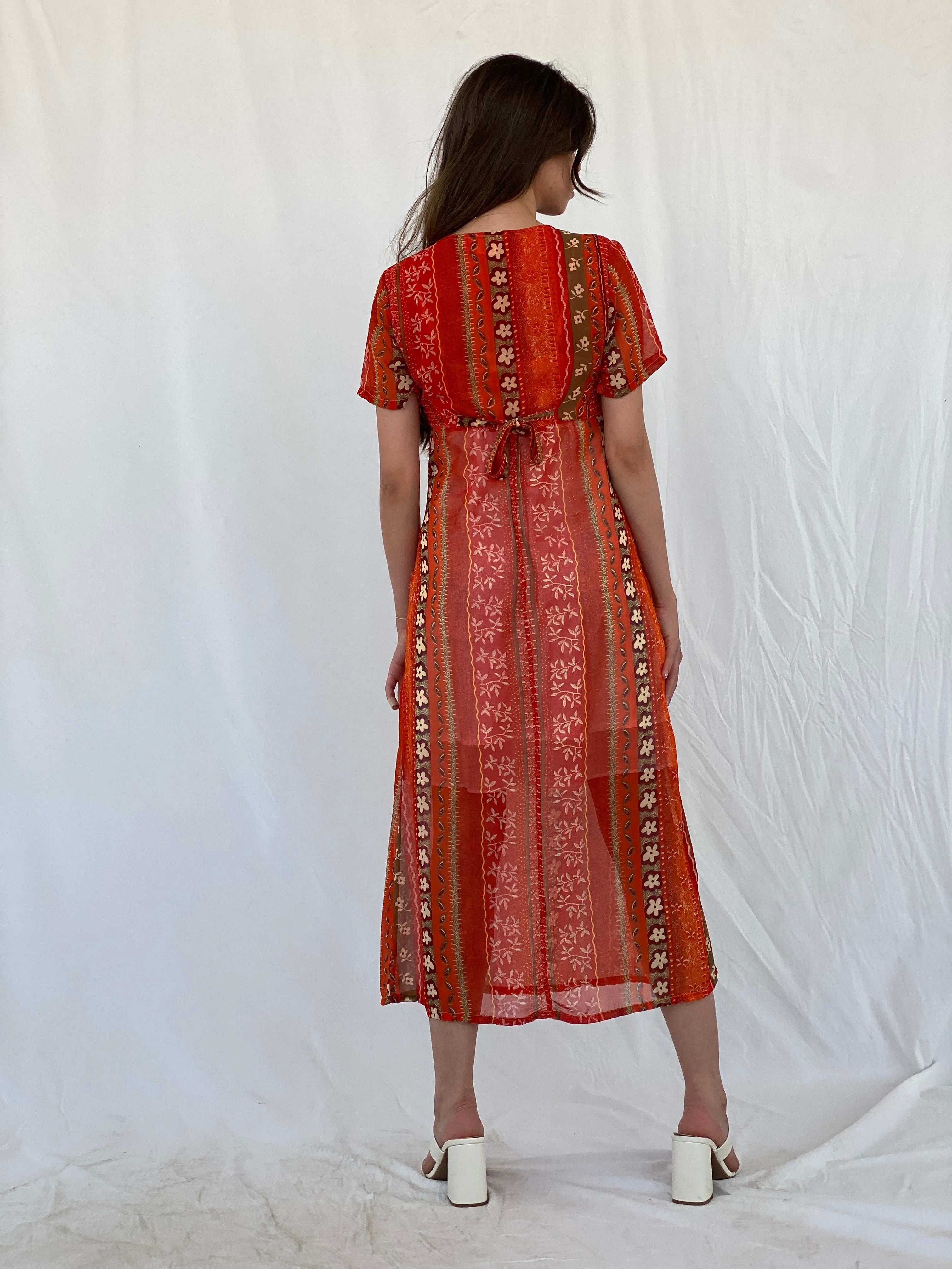 Vintage Kitty-K Orange Sheer Boho Print Midi Dress - M - Balagan Vintage Midi Dress 00s, 90s, midi dress, Mira, sheer