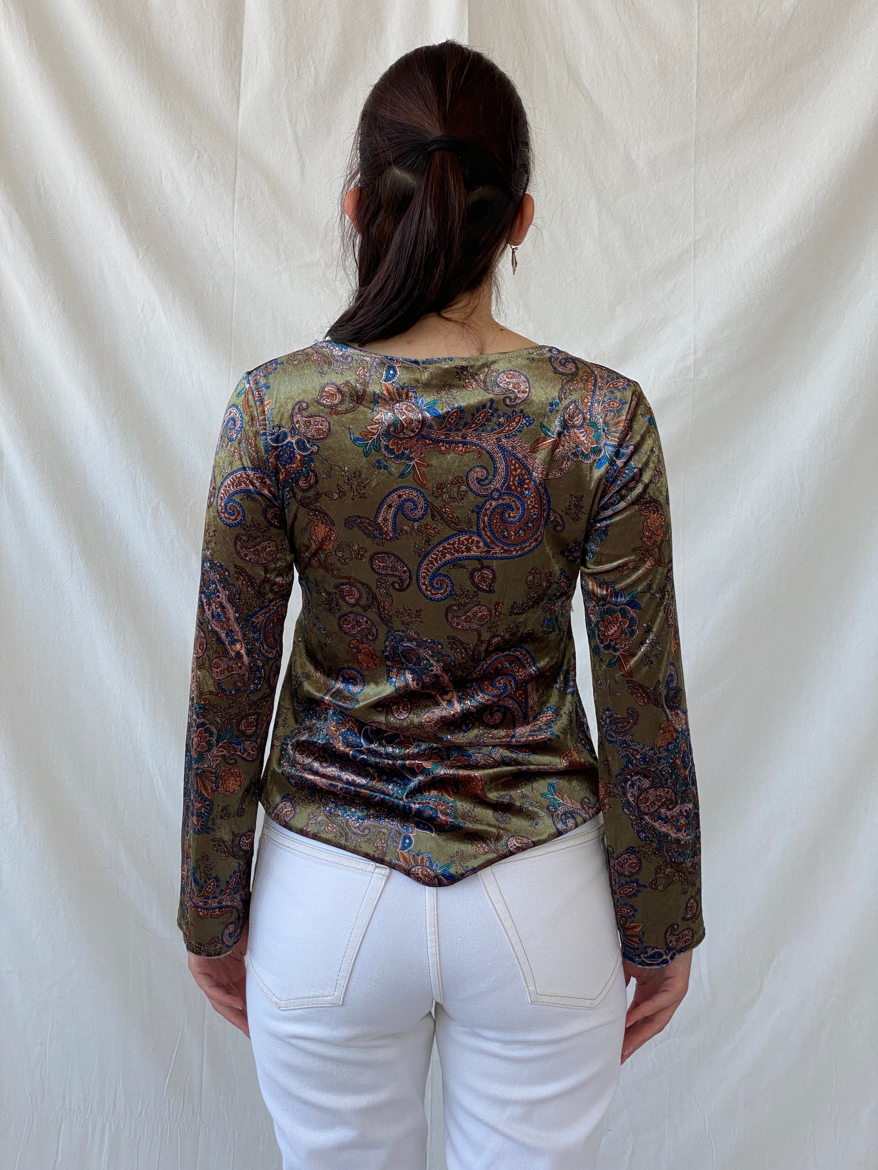 Vintage KLIMAN Collection Green Velvet Paisley Print Beaded Boho Long Sleeve Women’s Top - L - Balagan Vintage Full Sleeve Top 90s, Ayah, beaded, Boho, NEW IN, summer, velvet, velvet top, women top