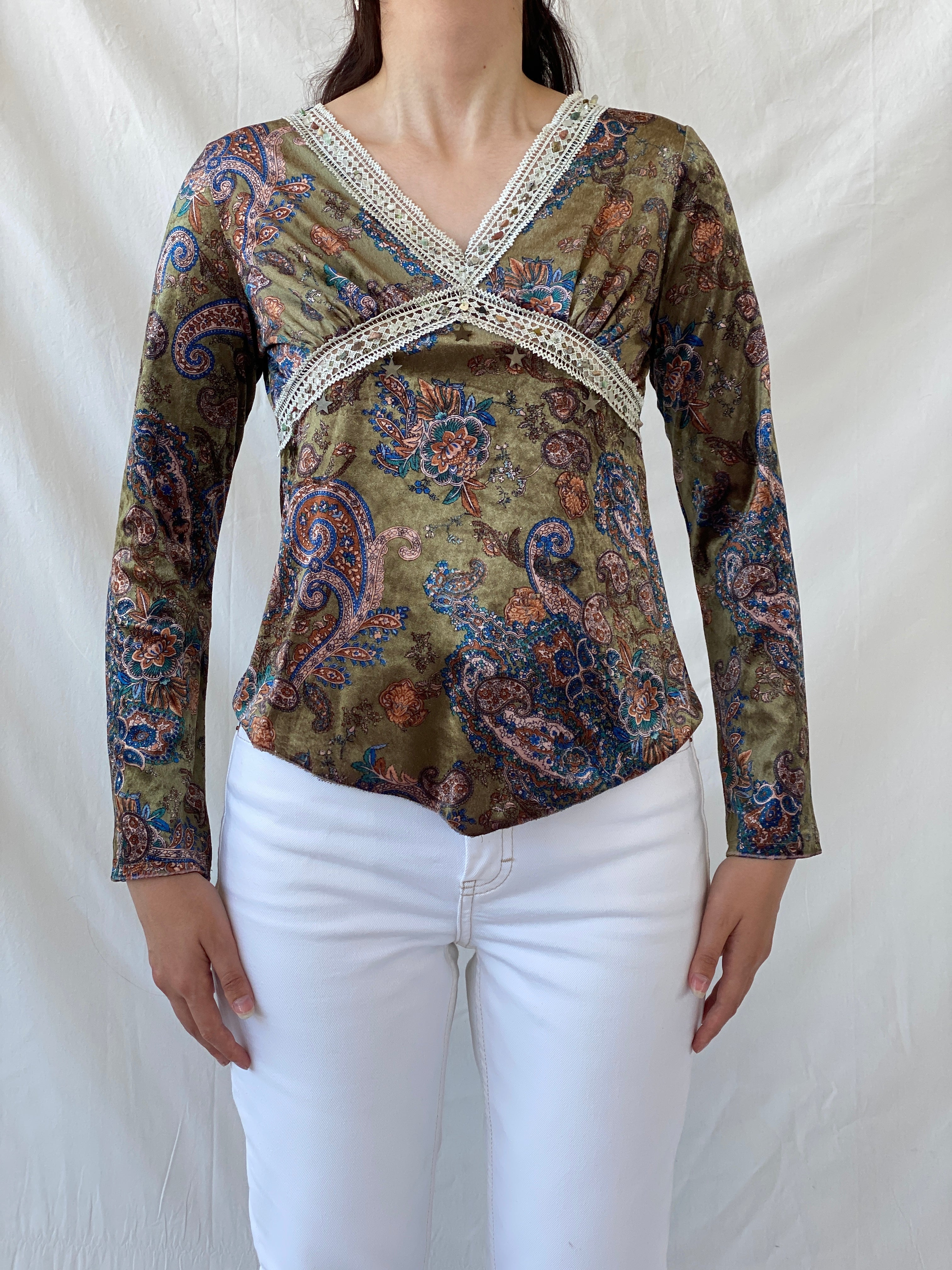 Vintage KLIMAN Collection Green Velvet Paisley Print Beaded Boho Long Sleeve Women’s Top - L - Balagan Vintage Full Sleeve Top 90s, Ayah, beaded, Boho, NEW IN, summer, velvet, velvet top, women top