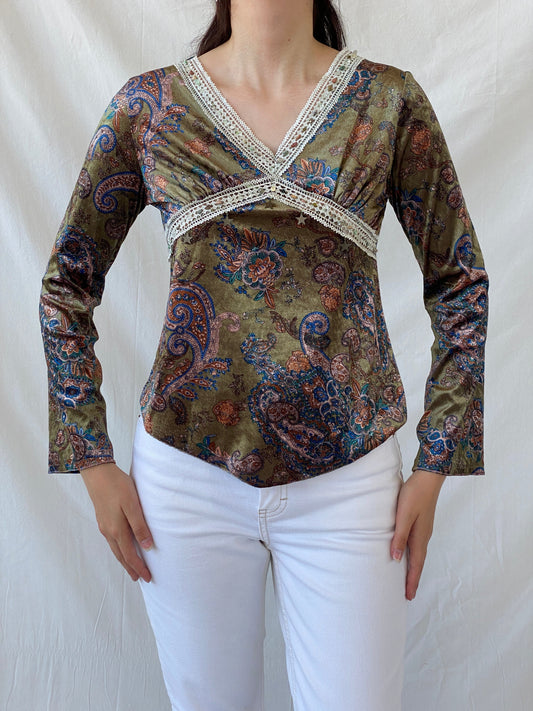Vintage KLIMAN Collection Green Velvet Paisley Print Beaded Boho Long Sleeve Women’s Top - L - Balagan Vintage Full Sleeve Top 90s, Ayah, beaded, Boho, NEW IN, summer, velvet, velvet top, women top