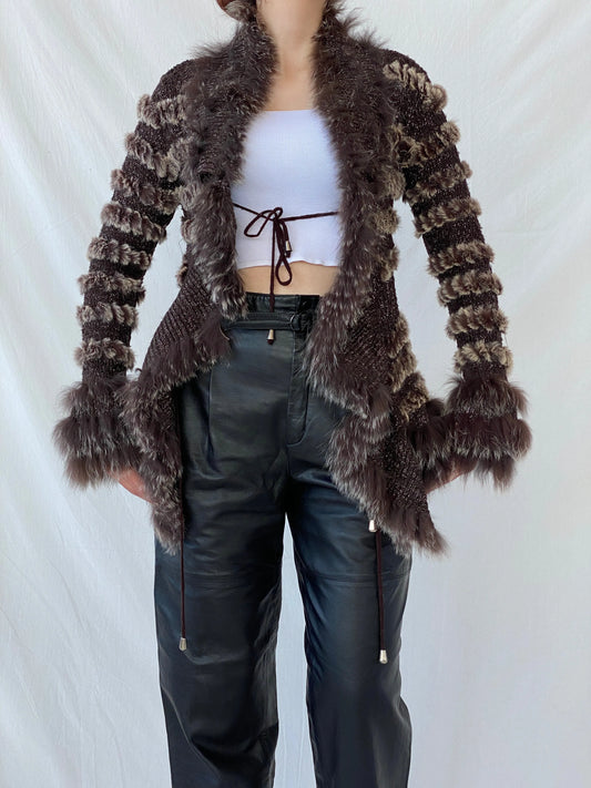 Vintage Knit Rabbit & Fox Fur Brown Cardigan Jacket - S - Balagan Vintage Cardigan Ayah, cardigan, fur, fur jacket, knitted cardigan, rare find, rare vintage