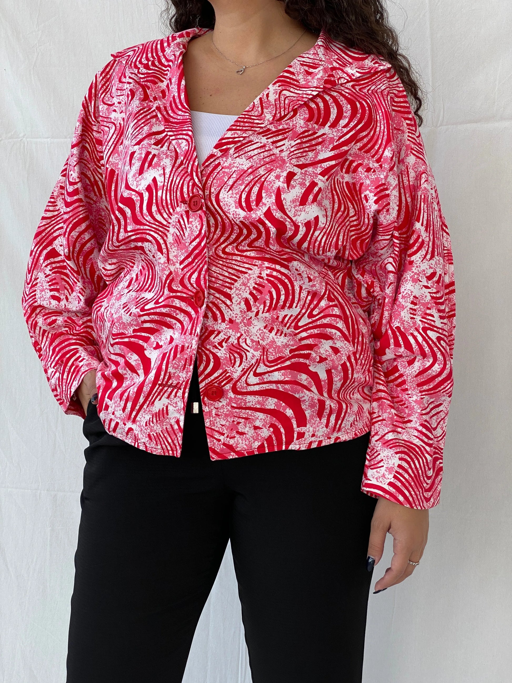Vintage Label Vie Red and White Zebra Abstract Print Blazer - L - Balagan Vintage Blazer 00s, animal print, blazer, Coats&Jackets, floral, full sleeve blazer, Women's Blazers
