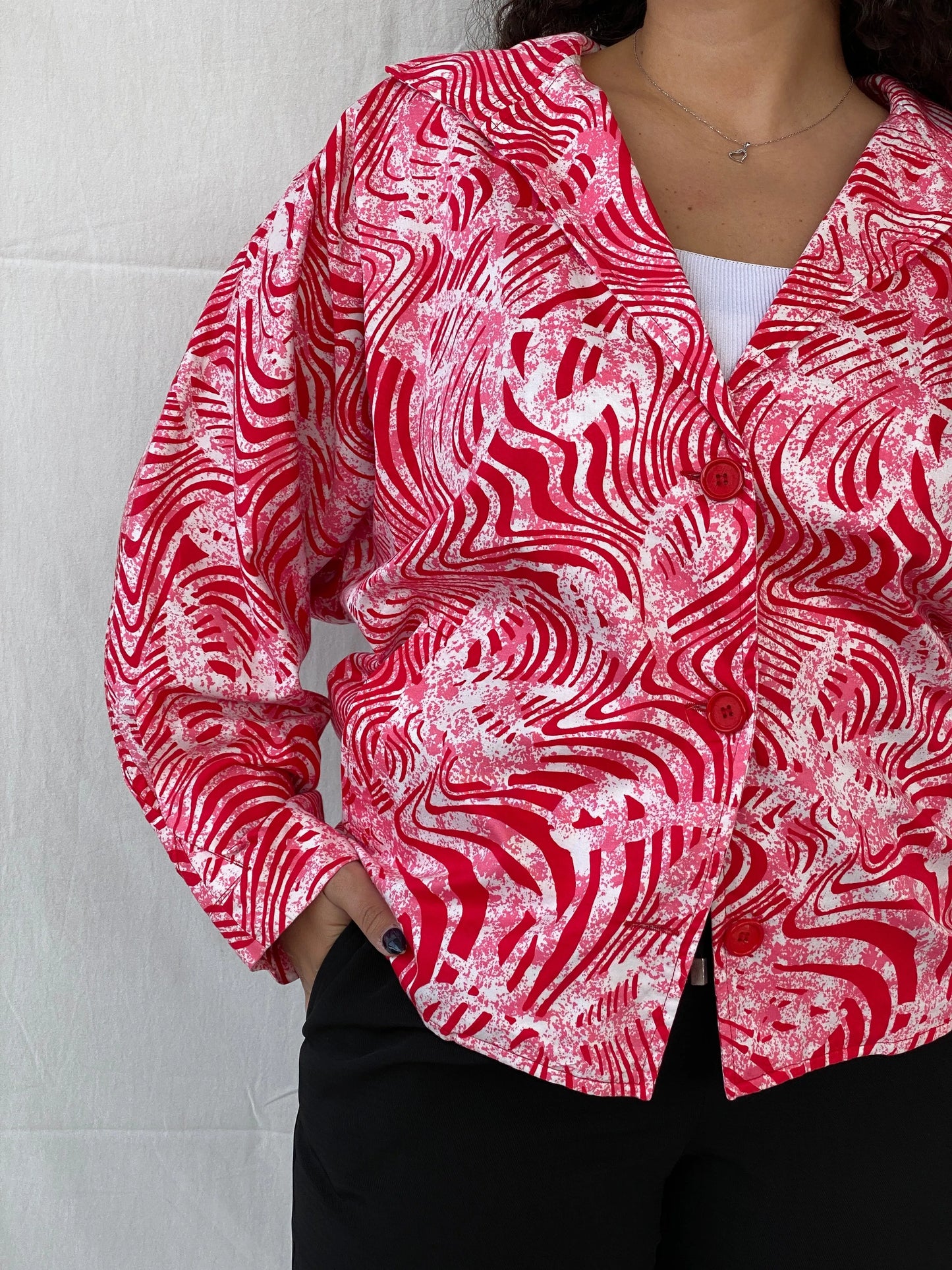 Vintage Label Vie Red and White Zebra Abstract Print Blazer - L - Balagan Vintage Blazer 00s, animal print, blazer, Coats&Jackets, floral, full sleeve blazer, Women's Blazers
