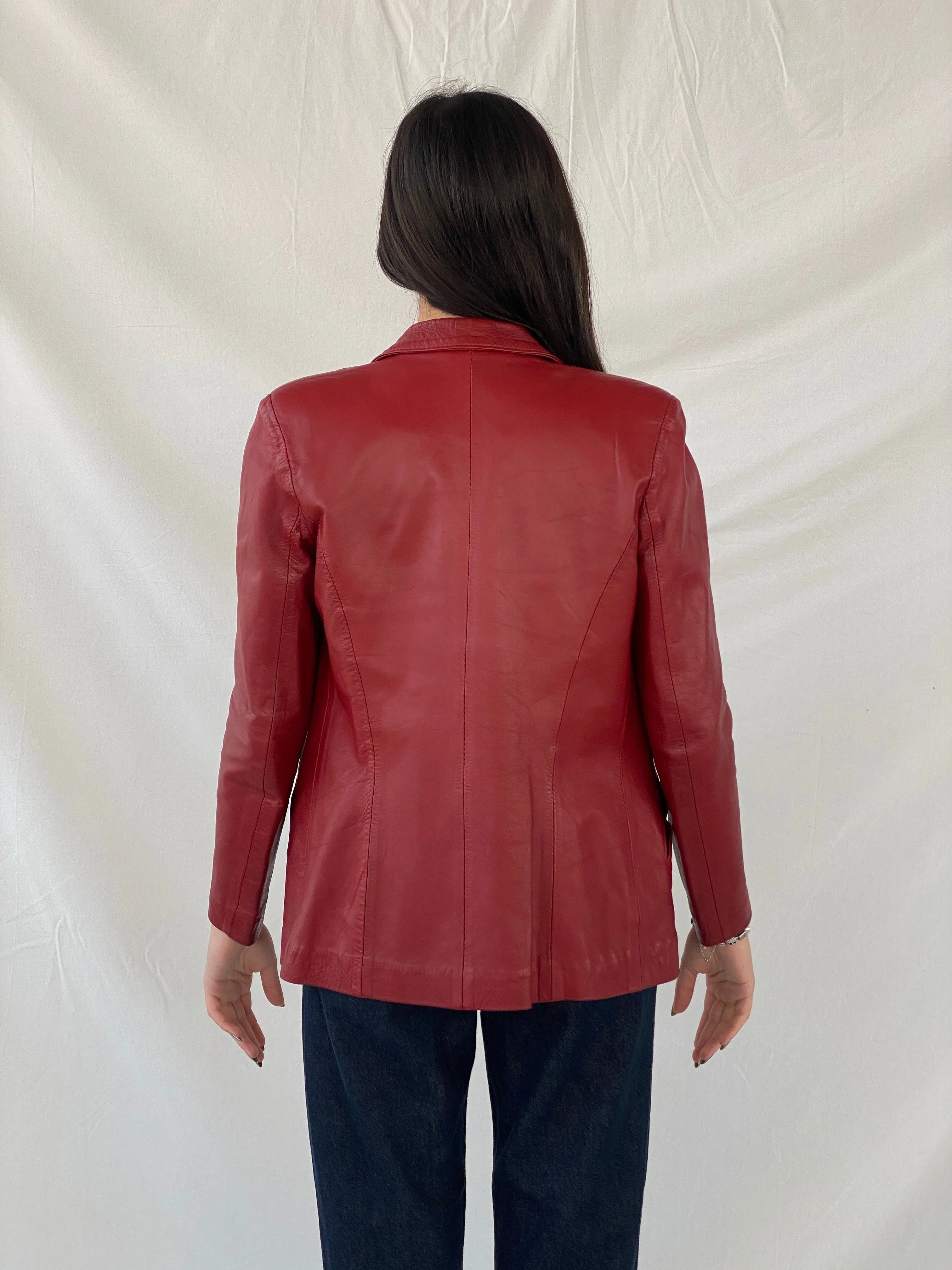 Vintage Lapin Red Genuine Leather Buttoned Blazer Jacket - S - Balagan Vintage Leather Blazer 90s, Coats&Jackets, genuine leather, leather blazer, red leather, Syntia, winter, Women's Blazers, Women's Leather Jackets