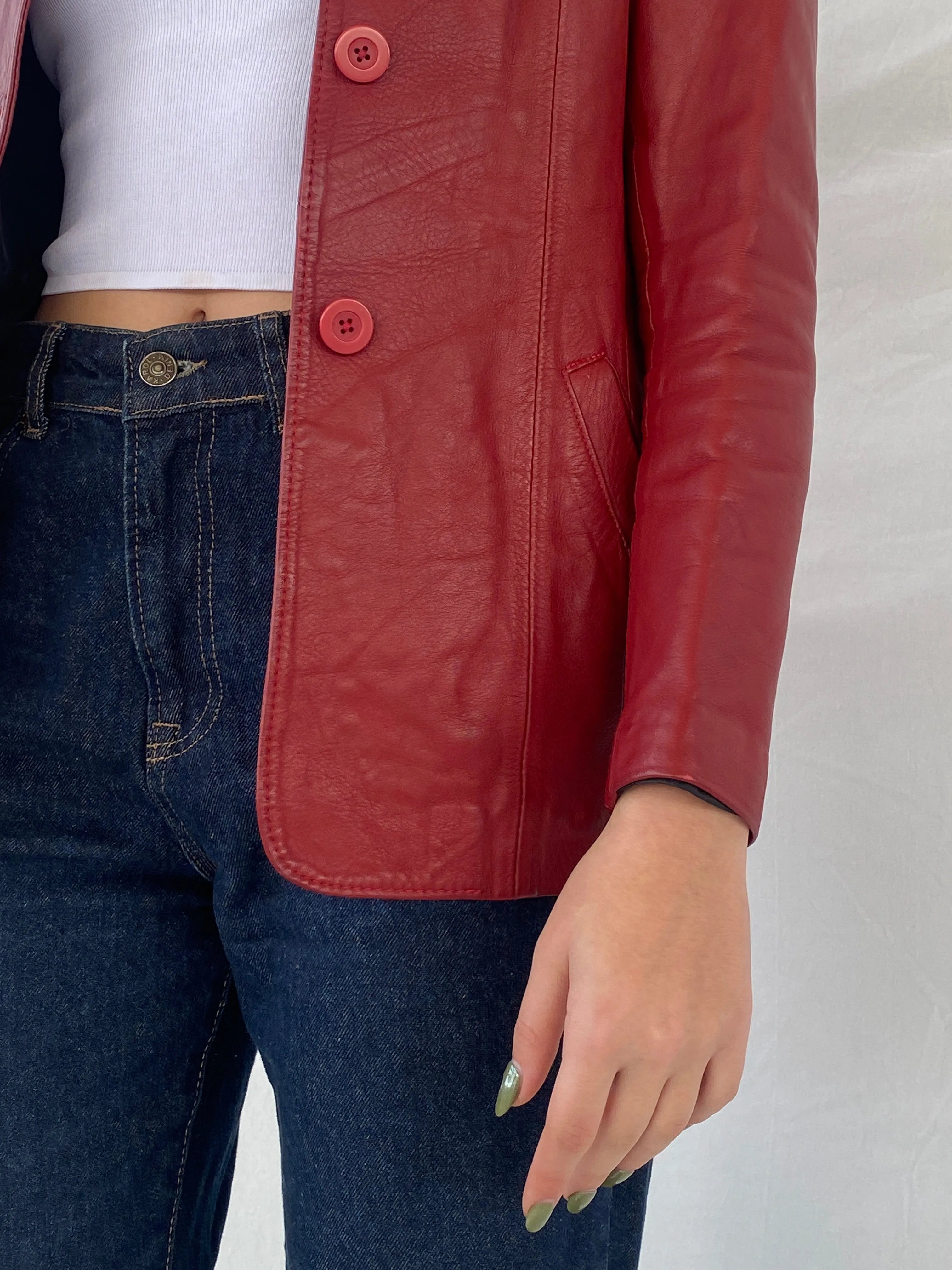 Vintage Lapin Red Genuine Leather Buttoned Blazer Jacket - S - Balagan Vintage Leather Blazer 90s, Coats&Jackets, genuine leather, leather blazer, red leather, Syntia, winter, Women's Blazers, Women's Leather Jackets