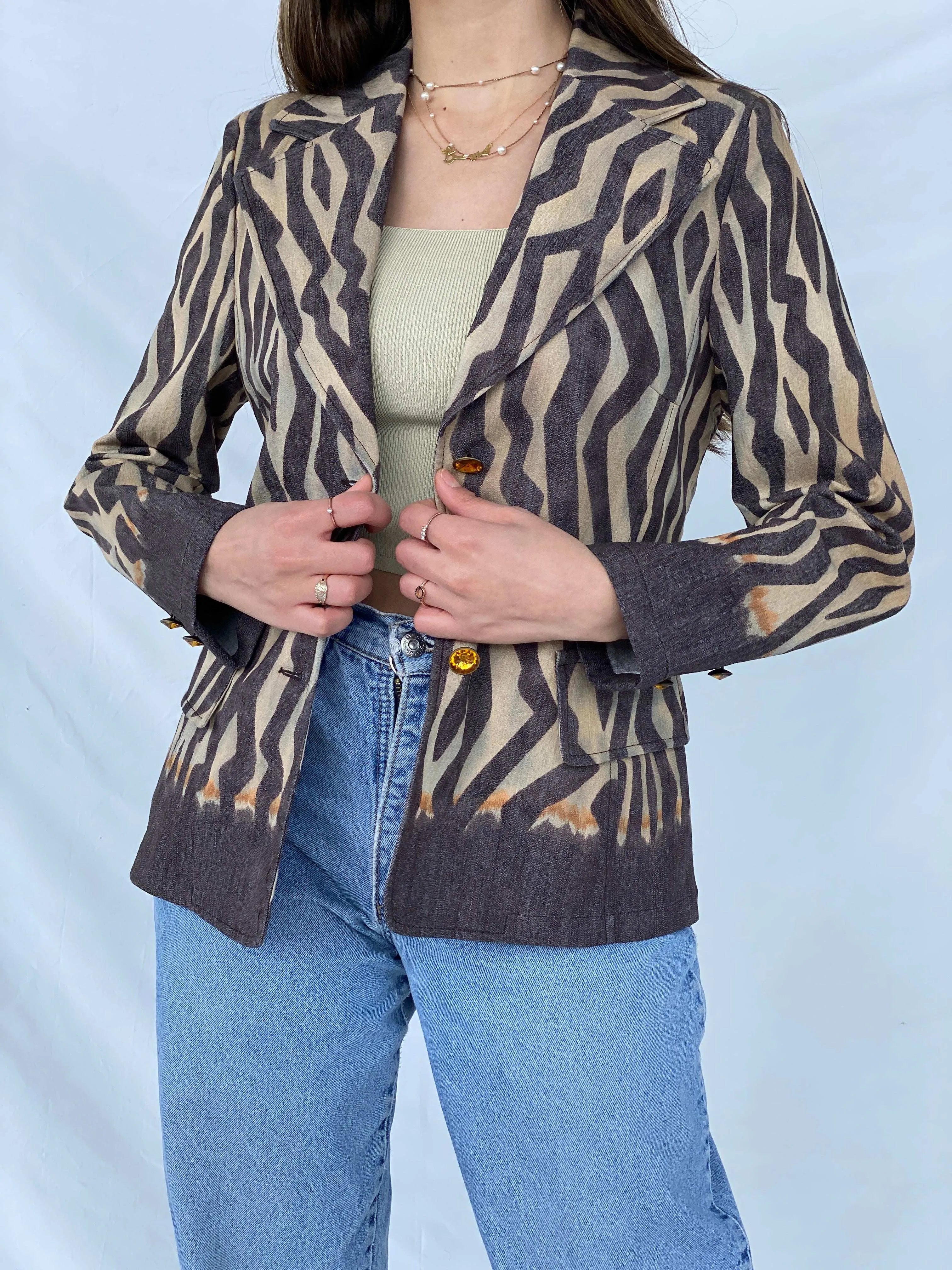 Vintage Laurèl Jeans Zebra Print Denim Blazer - Balagan Vintage Blazer 90s, blazer, consignment, denim, Mira, plaid blazer, winter