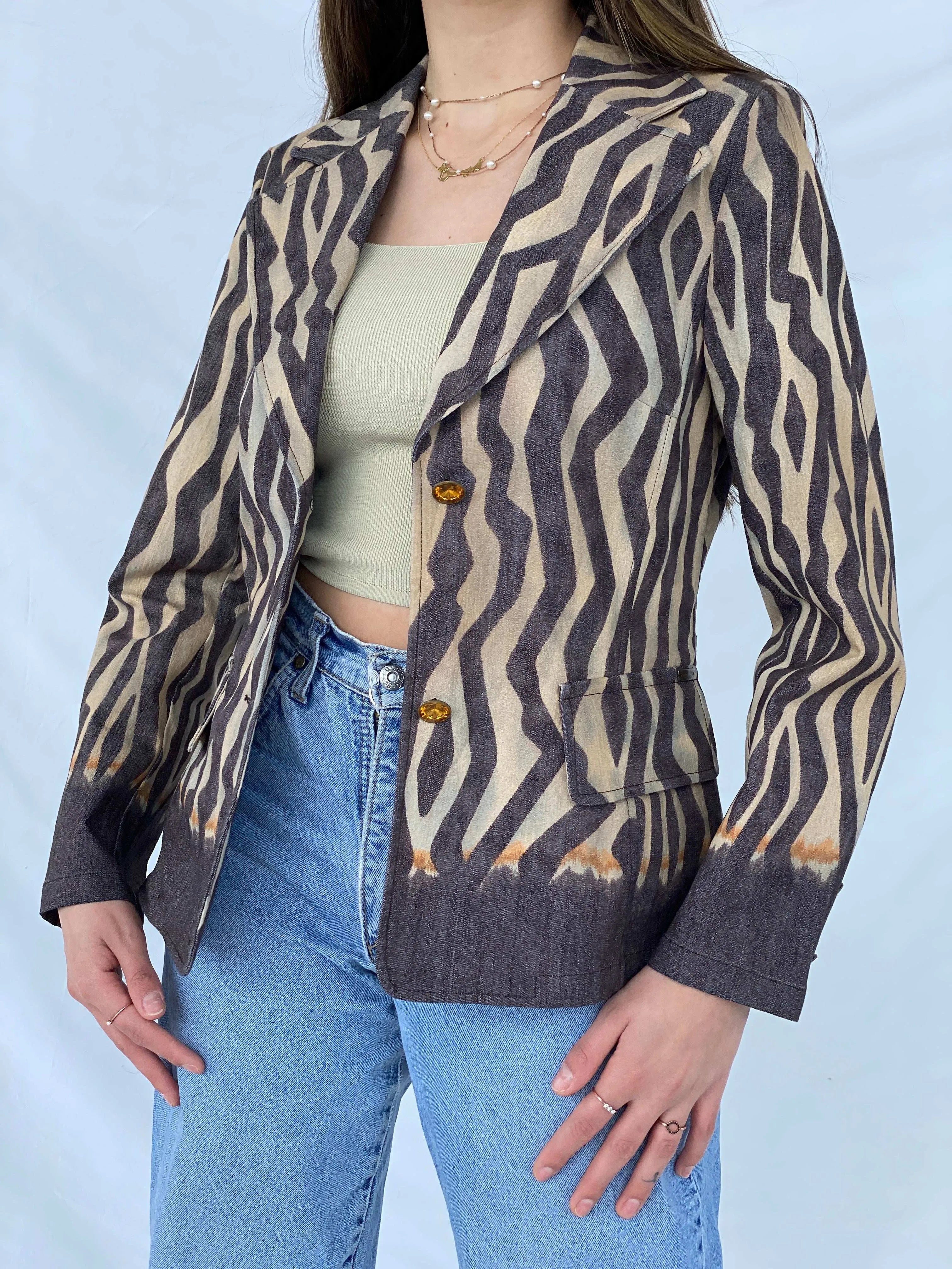 Vintage Laurèl Jeans Zebra Print Denim Blazer - Balagan Vintage Blazer 90s, blazer, consignment, denim, Mira, plaid blazer, winter